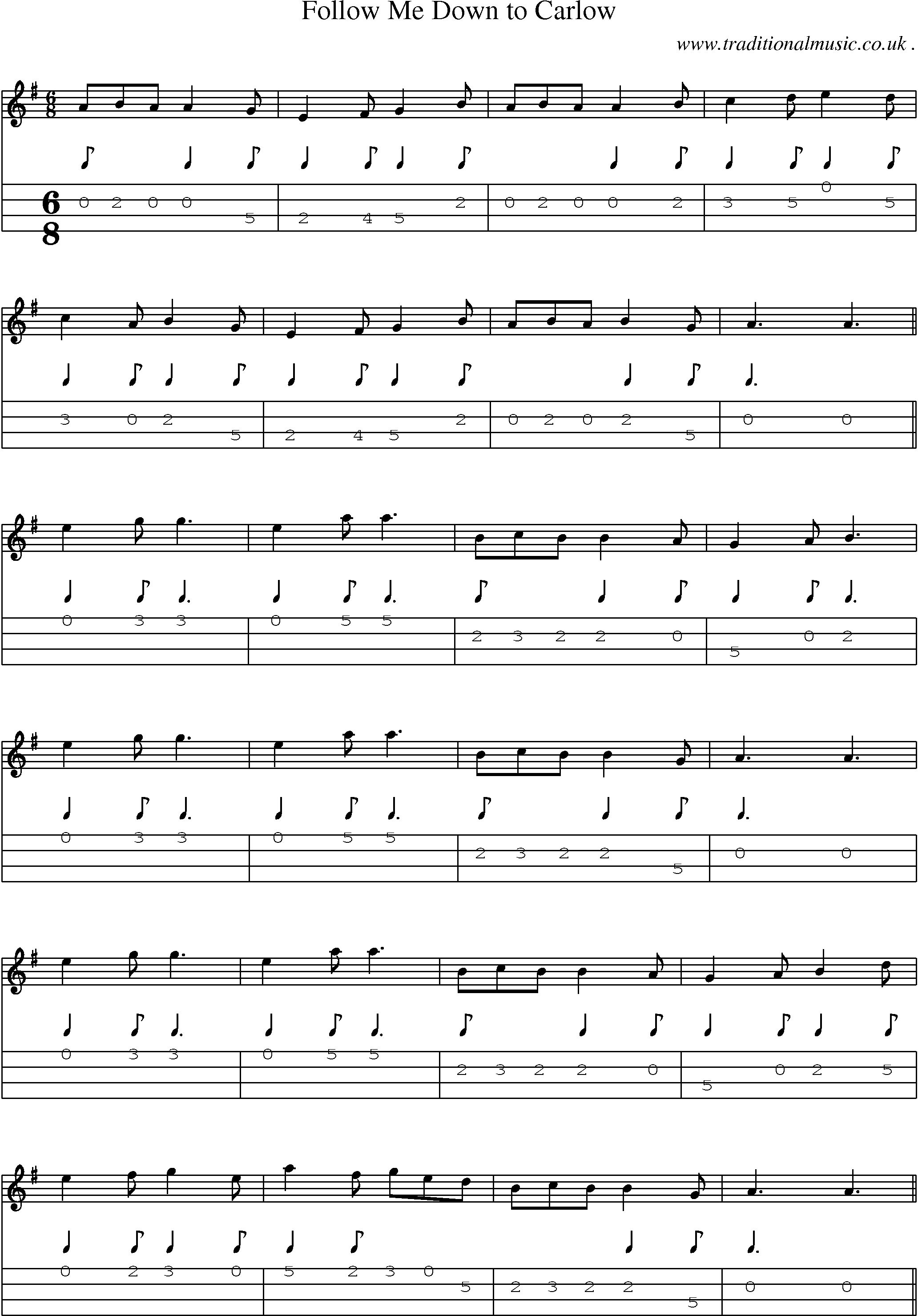 Sheet-Music and Mandolin Tabs for Follow Me Down To Carlow