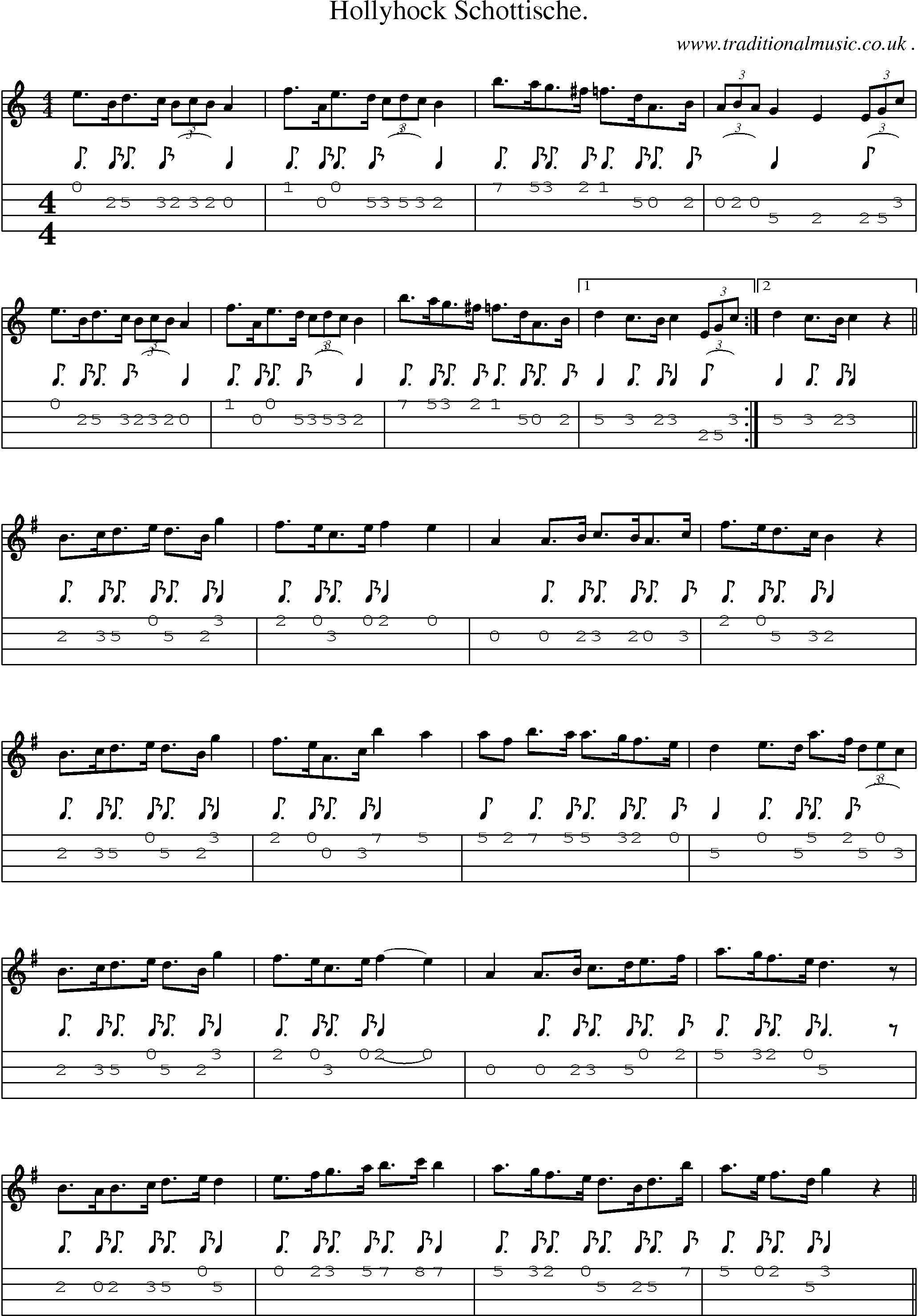 Sheet-Music and Mandolin Tabs for Hollyhock Schottische
