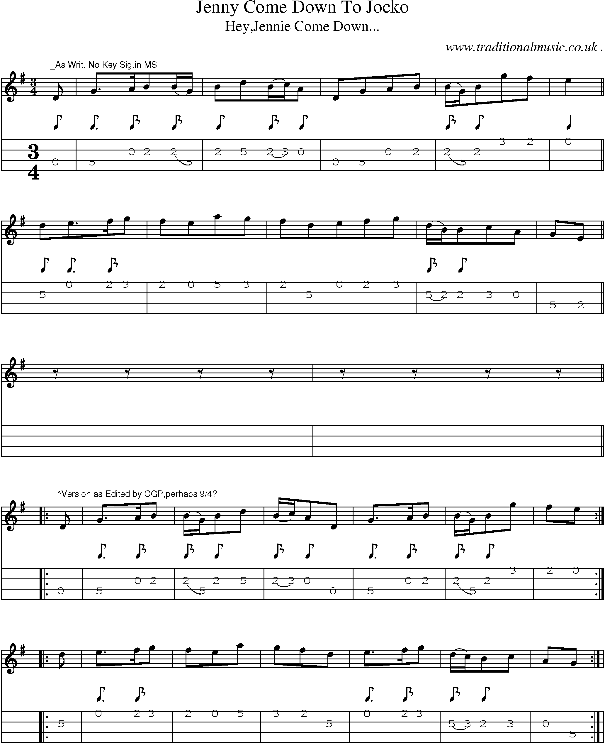 Sheet-Music and Mandolin Tabs for Jenny Come Down To Jocko