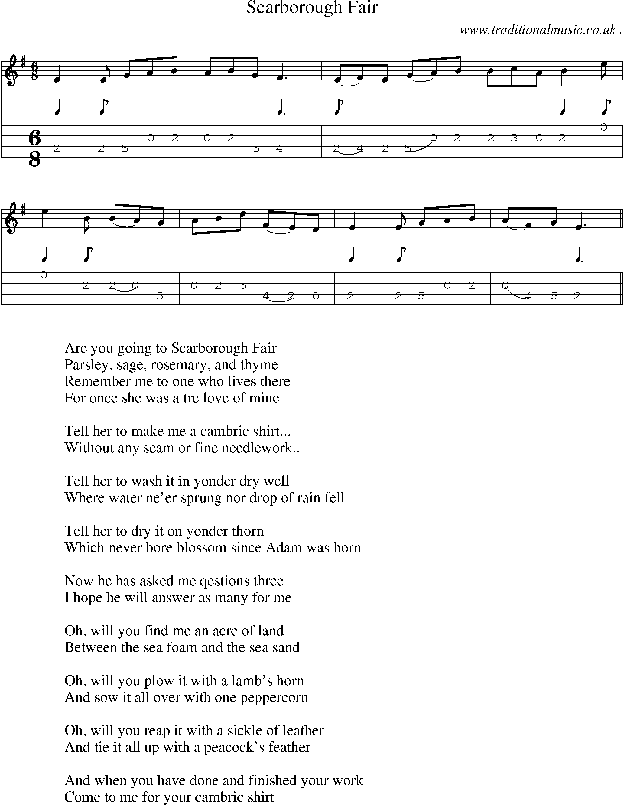 Sheet-Music and Mandolin Tabs for Scarborough Fair