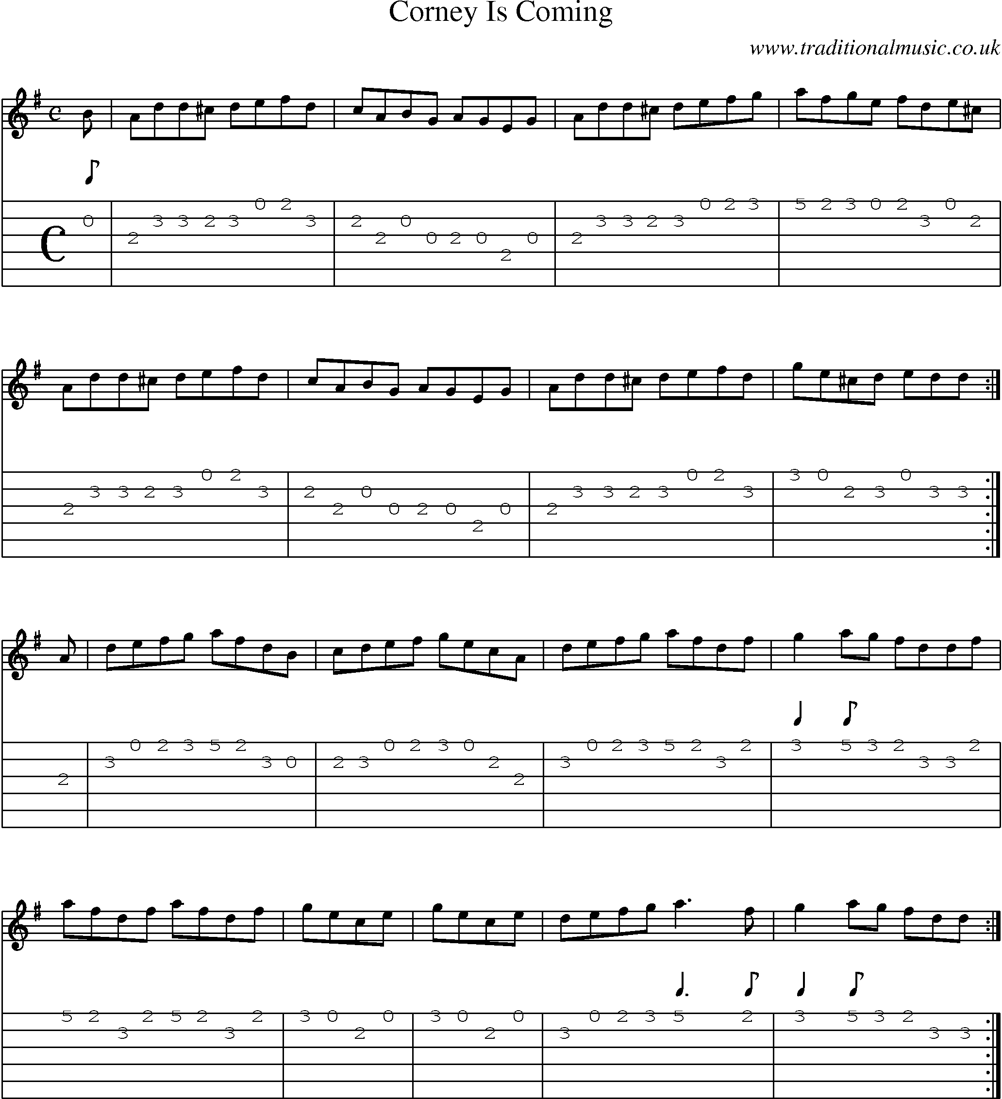 Music Score and Guitar Tabs for Corney Is Coming