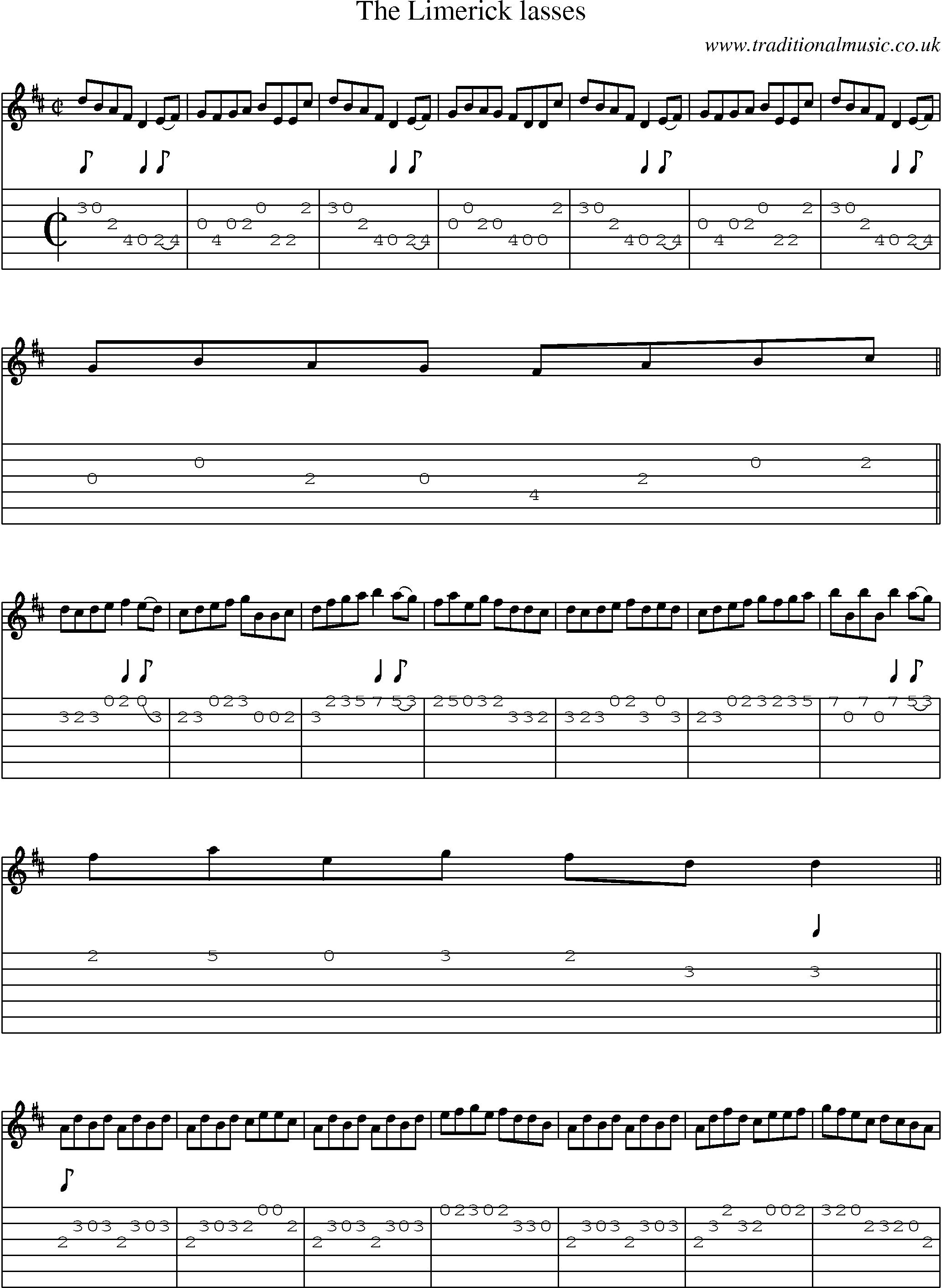 Music Score and Guitar Tabs for Limerick Lasses