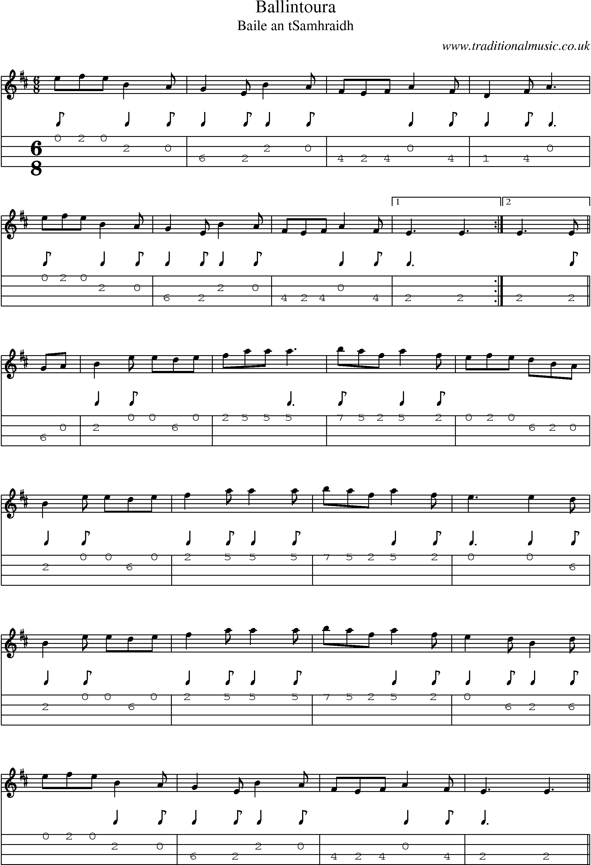 Music Score and Mandolin Tabs for Ballintoura