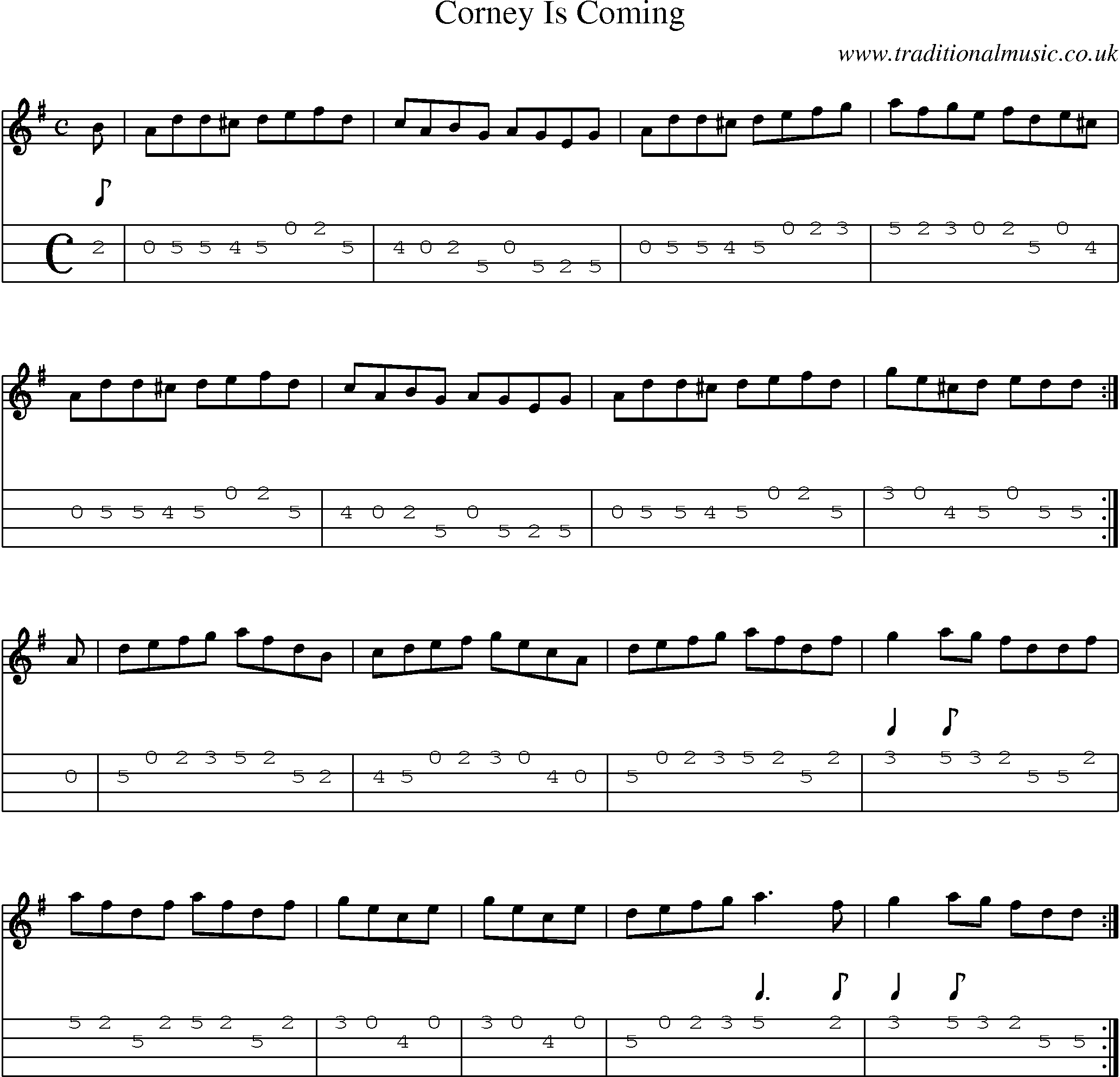 Music Score and Mandolin Tabs for Corney Is Coming