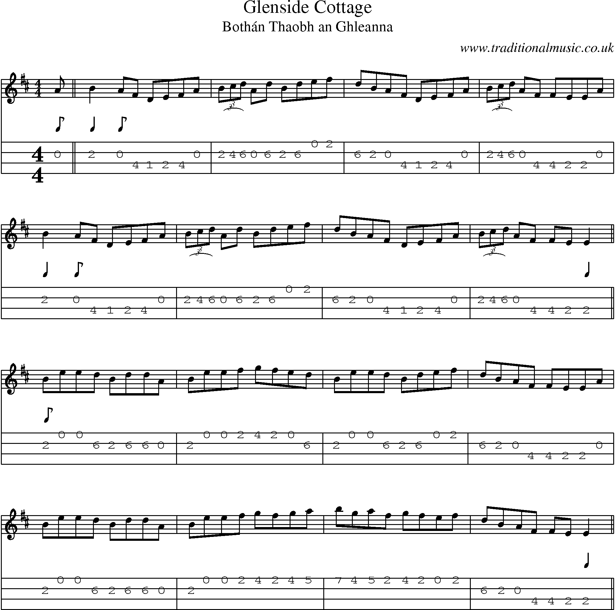 Music Score and Mandolin Tabs for Glenside Cottage