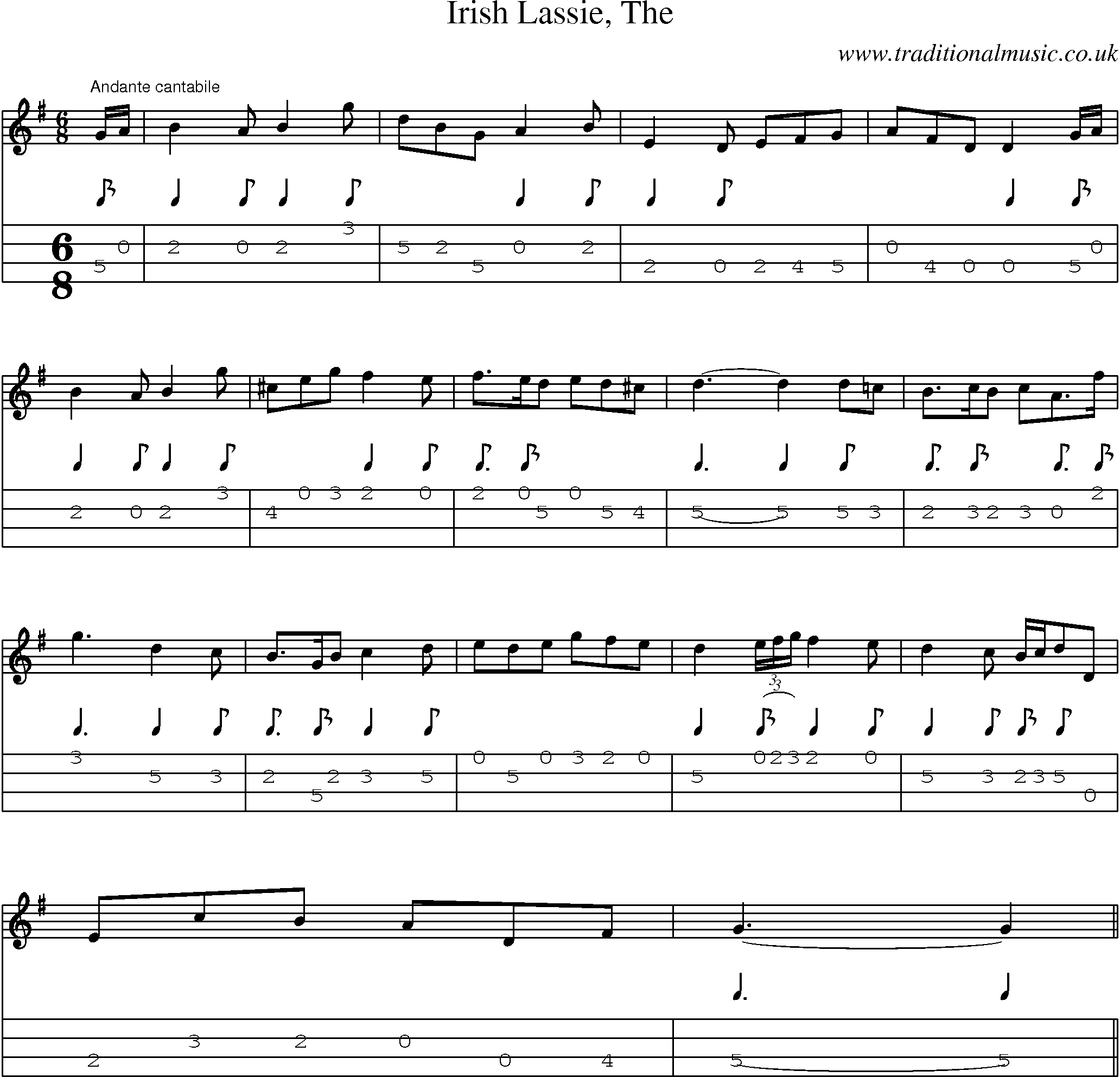 Music Score and Mandolin Tabs for Irish Lassie