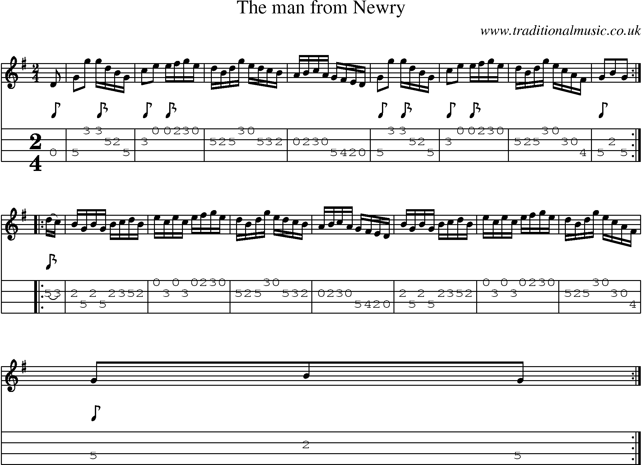 Music Score and Mandolin Tabs for Man From Newry