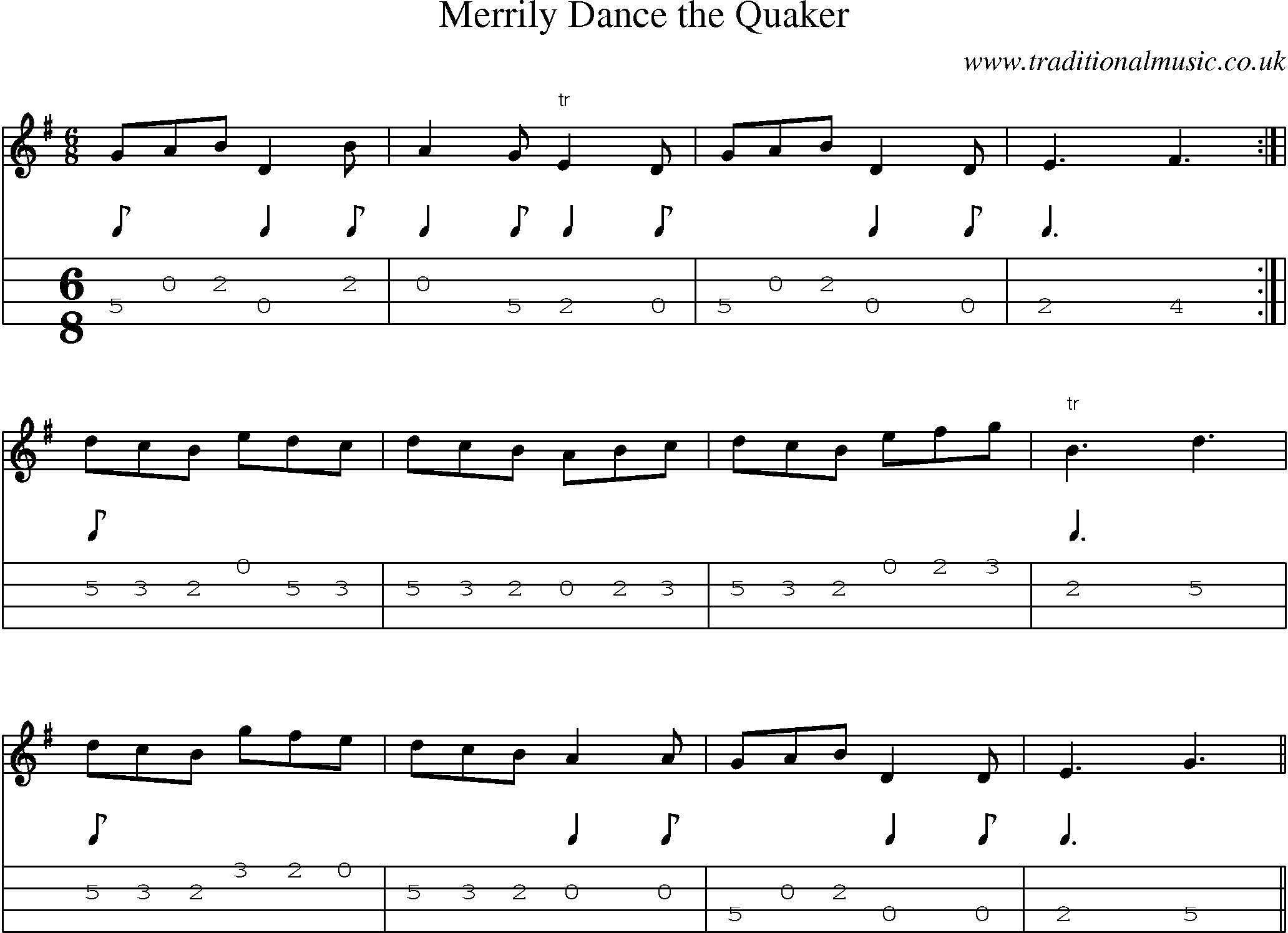 Music Score and Mandolin Tabs for Merrily Dance Quaker