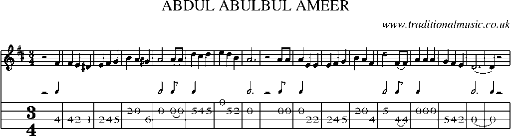 Mandolin Tab and Sheet Music for Abdul Abulbul Ameer