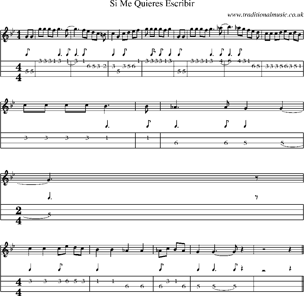 Mandolin Tab and Sheet Music for Si Me Quieres Escribir