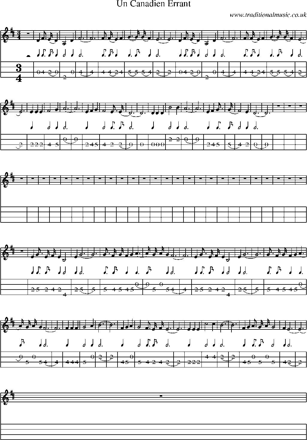 Mandolin Tab and Sheet Music for Un Canadien Errant
