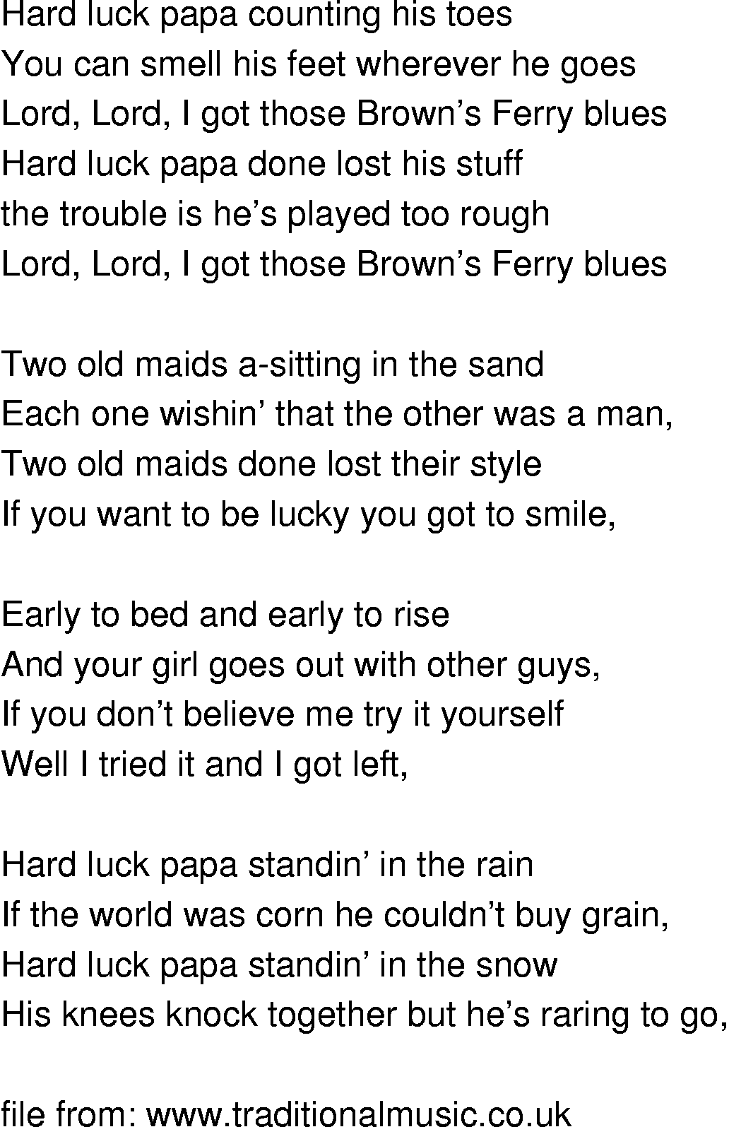 Old-Time (oldtimey) Song Lyrics - browns ferry blues