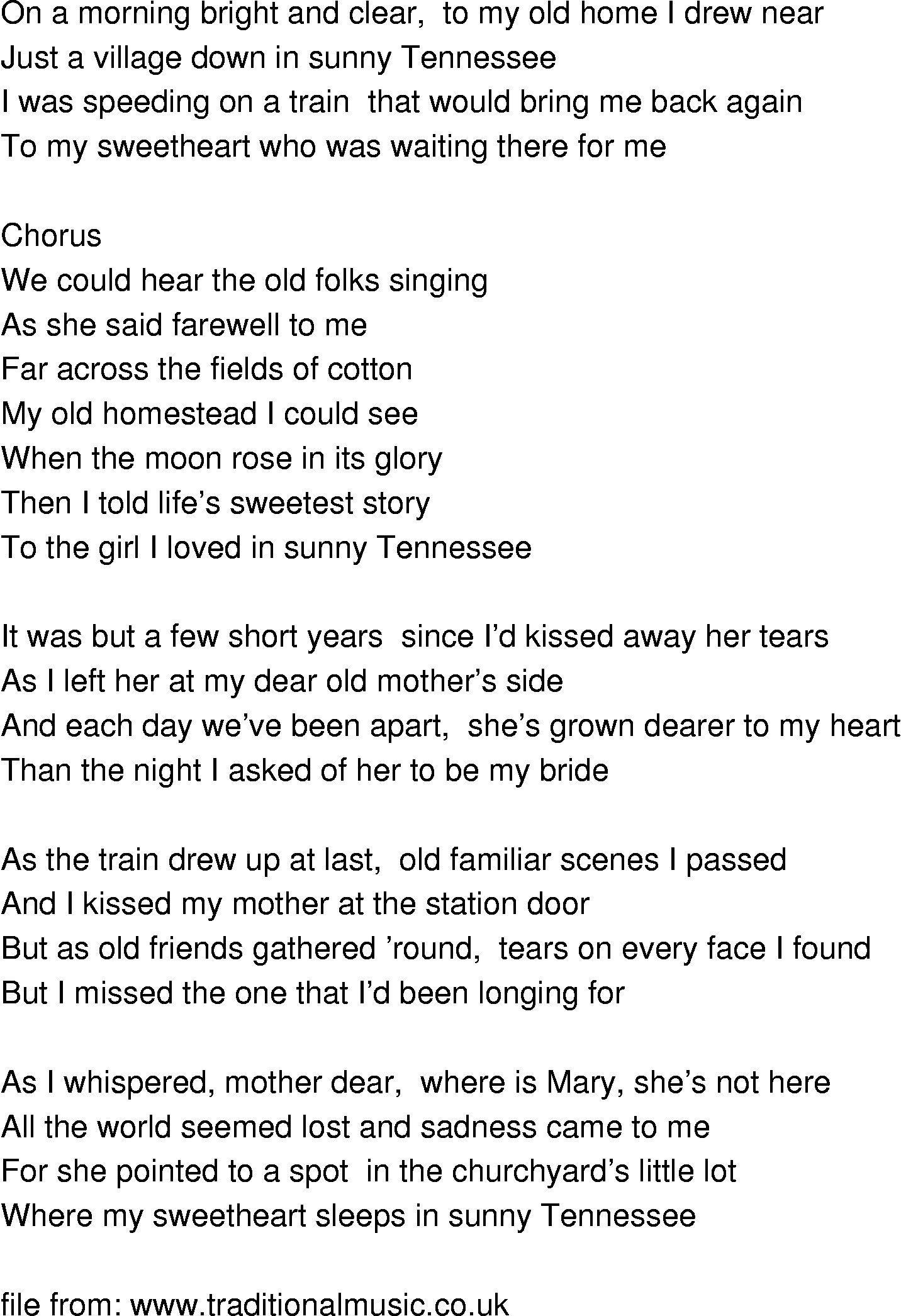 Old-Time (oldtimey) Song Lyrics - girl i left in sunny tennessee