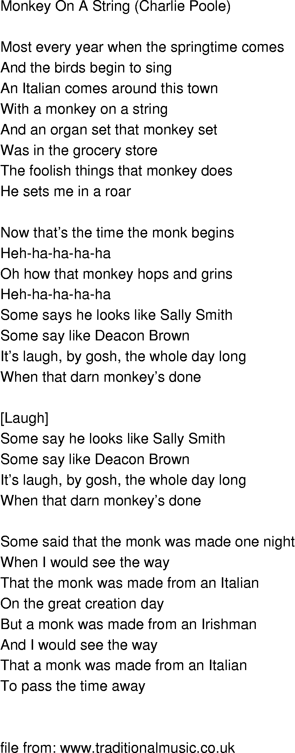 Old-Time (oldtimey) Song Lyrics - monkey on a string