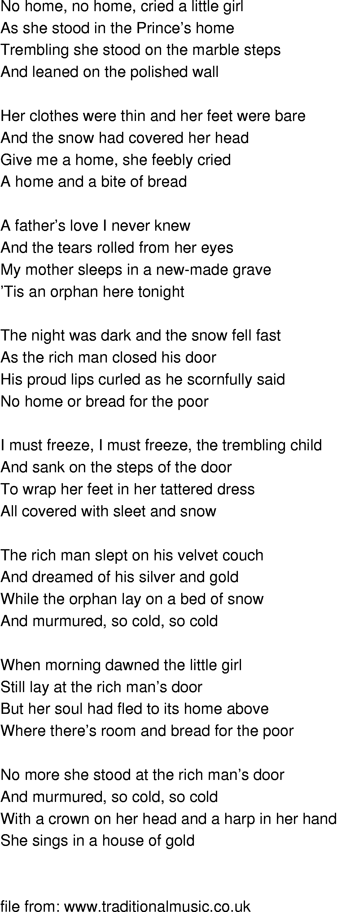 Old-Time (oldtimey) Song Lyrics - orphan girl