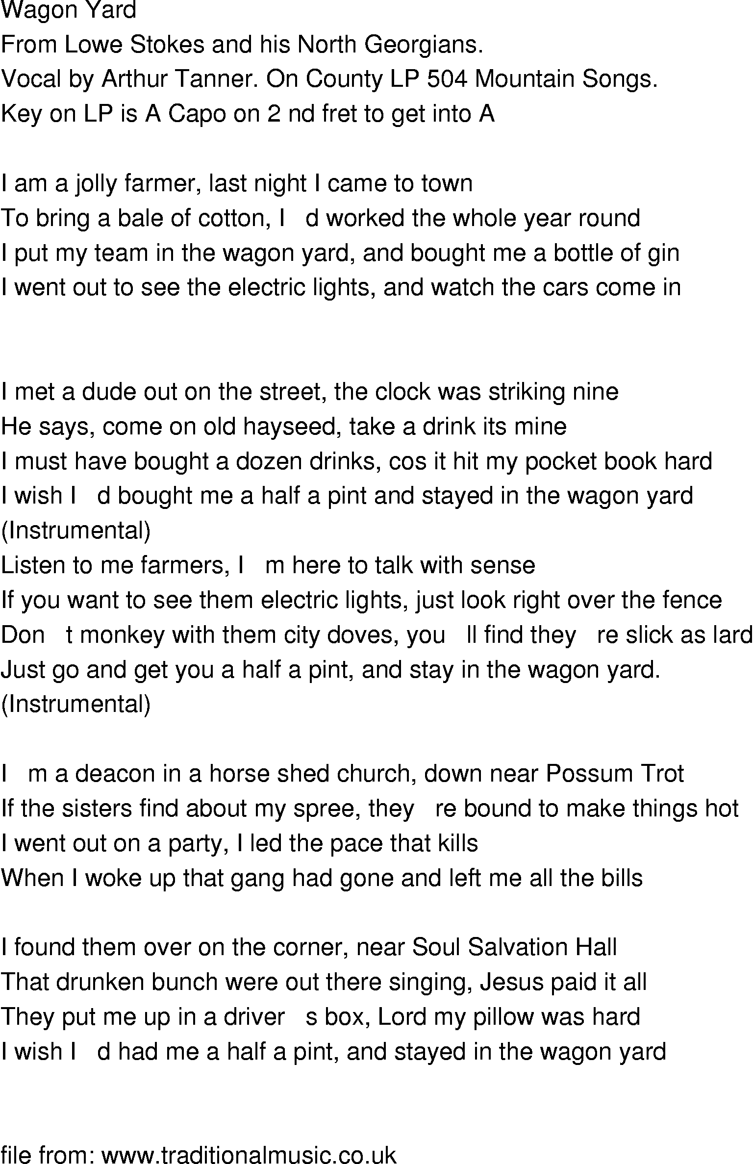 Old-Time (oldtimey) Song Lyrics - wagon yard