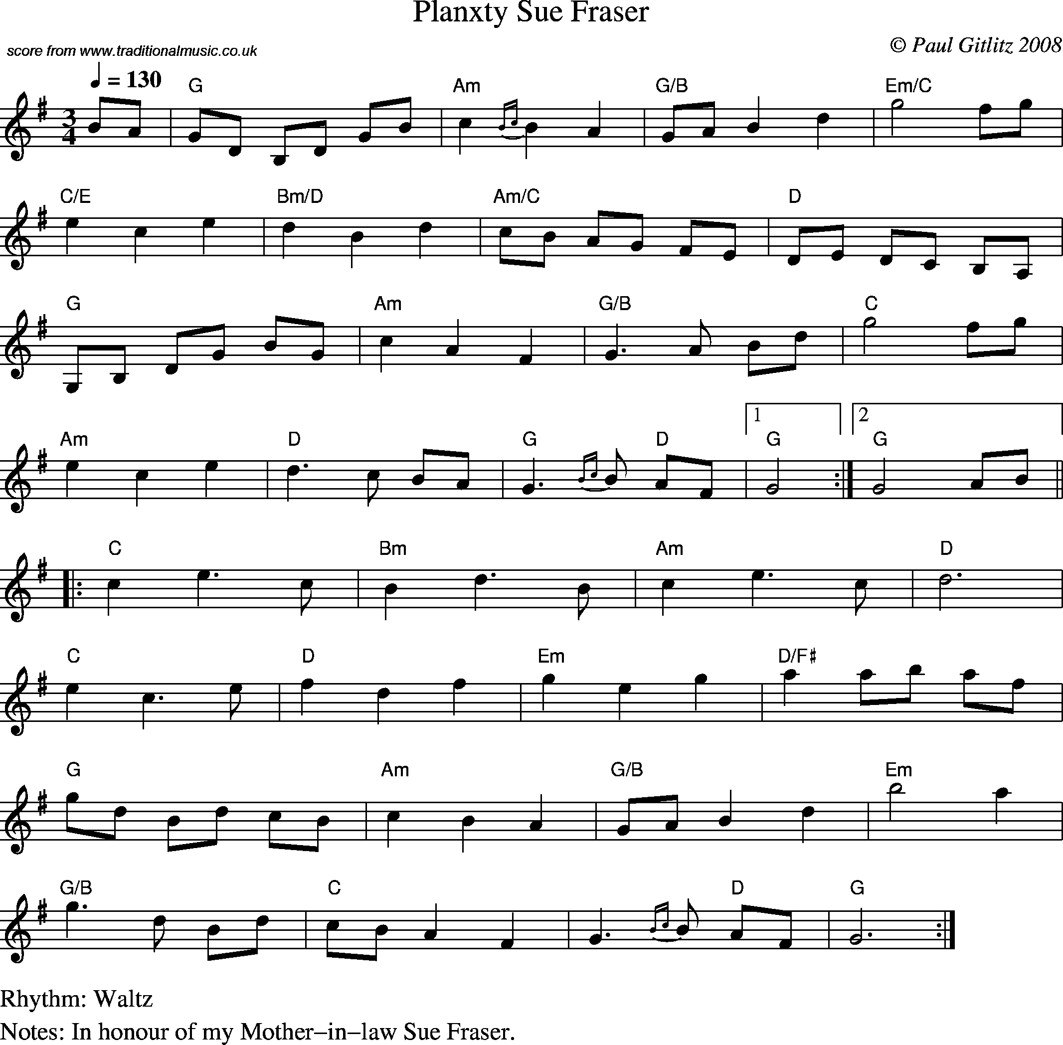 Sheet Music Score for Waltz - Planxty Sue Fraser