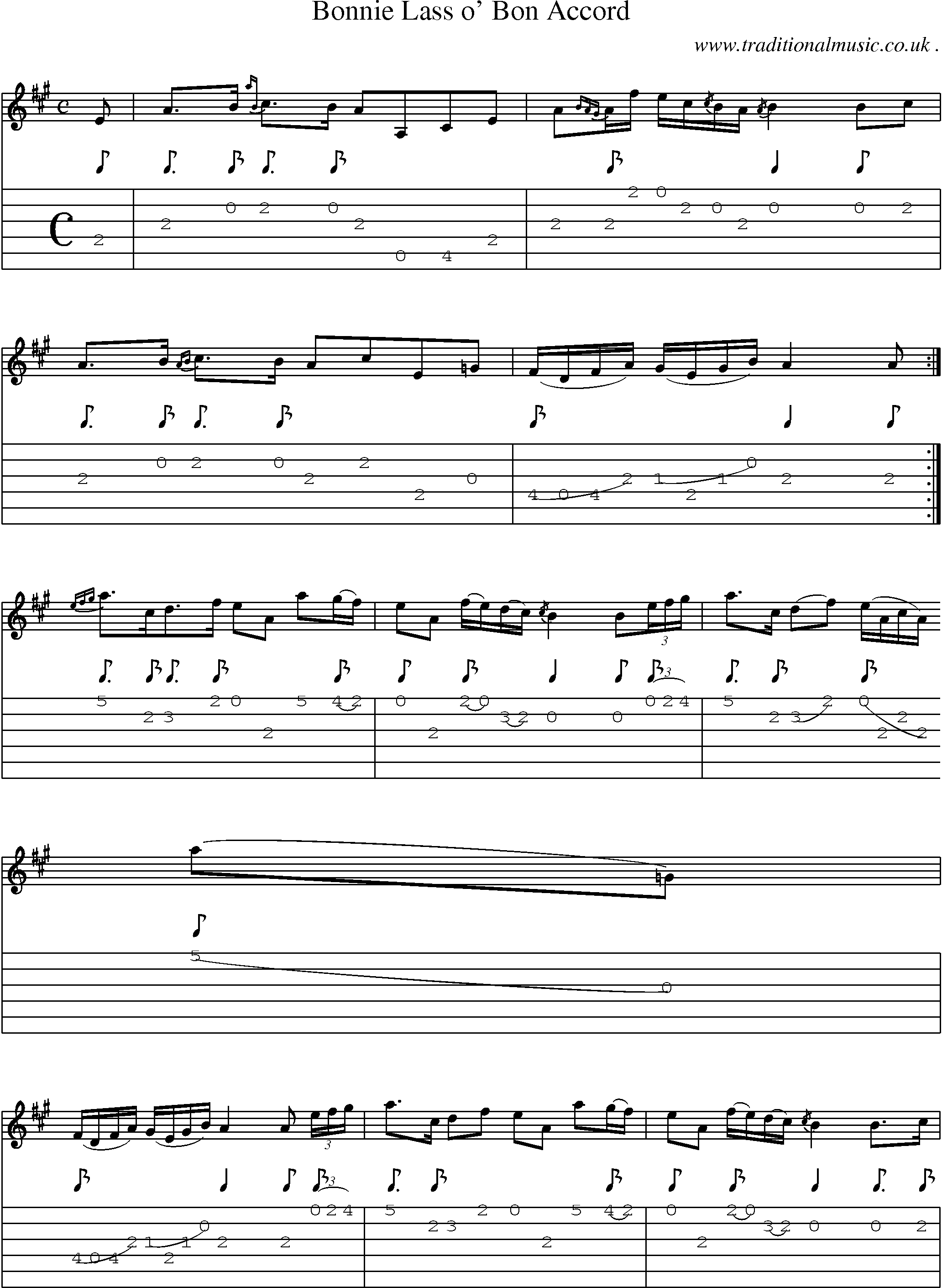 Sheet-music  score, Chords and Guitar Tabs for Bonnie Lass O Bon Accord