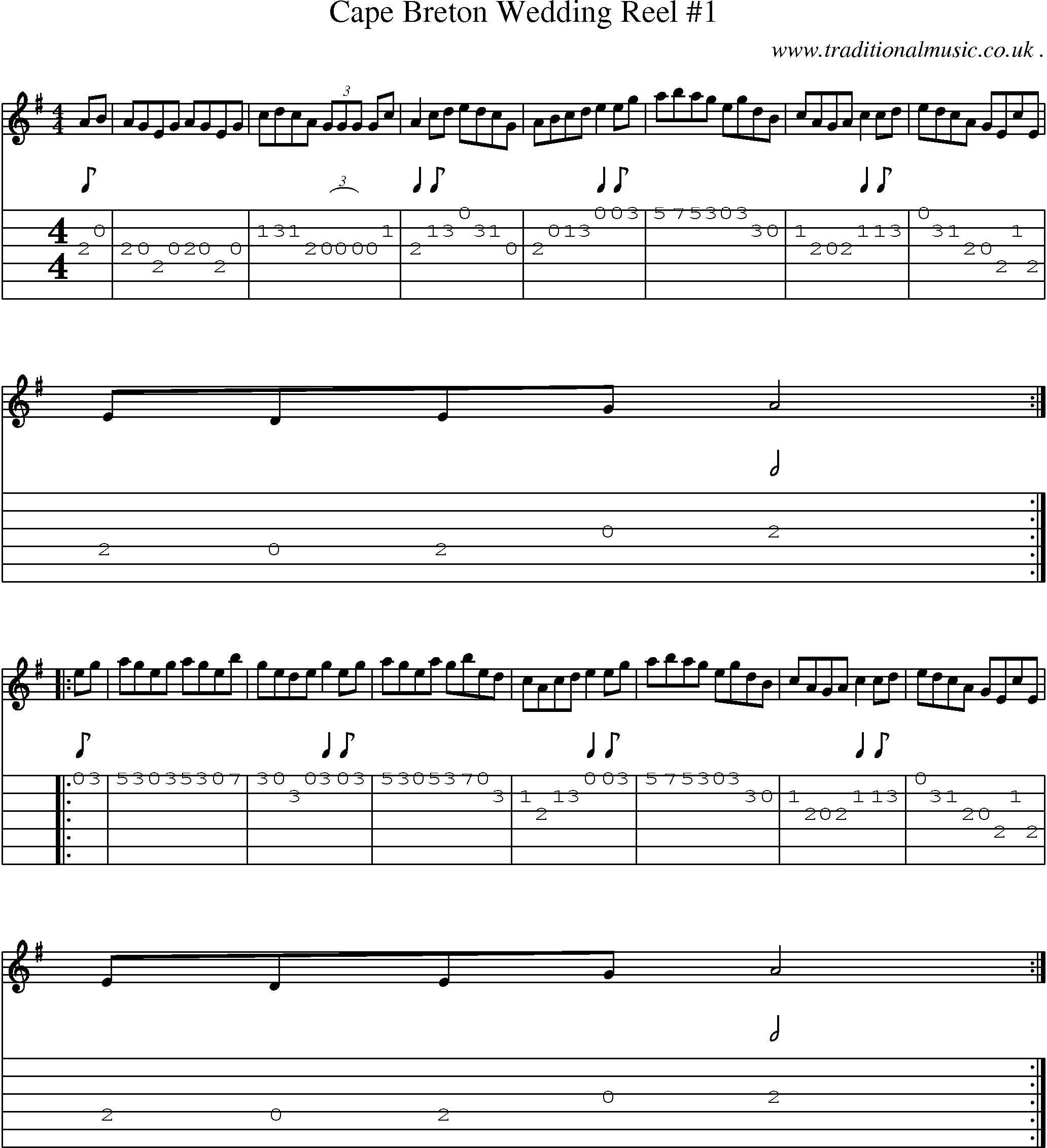 Sheet-music  score, Chords and Guitar Tabs for Cape Breton Wedding Reel 1