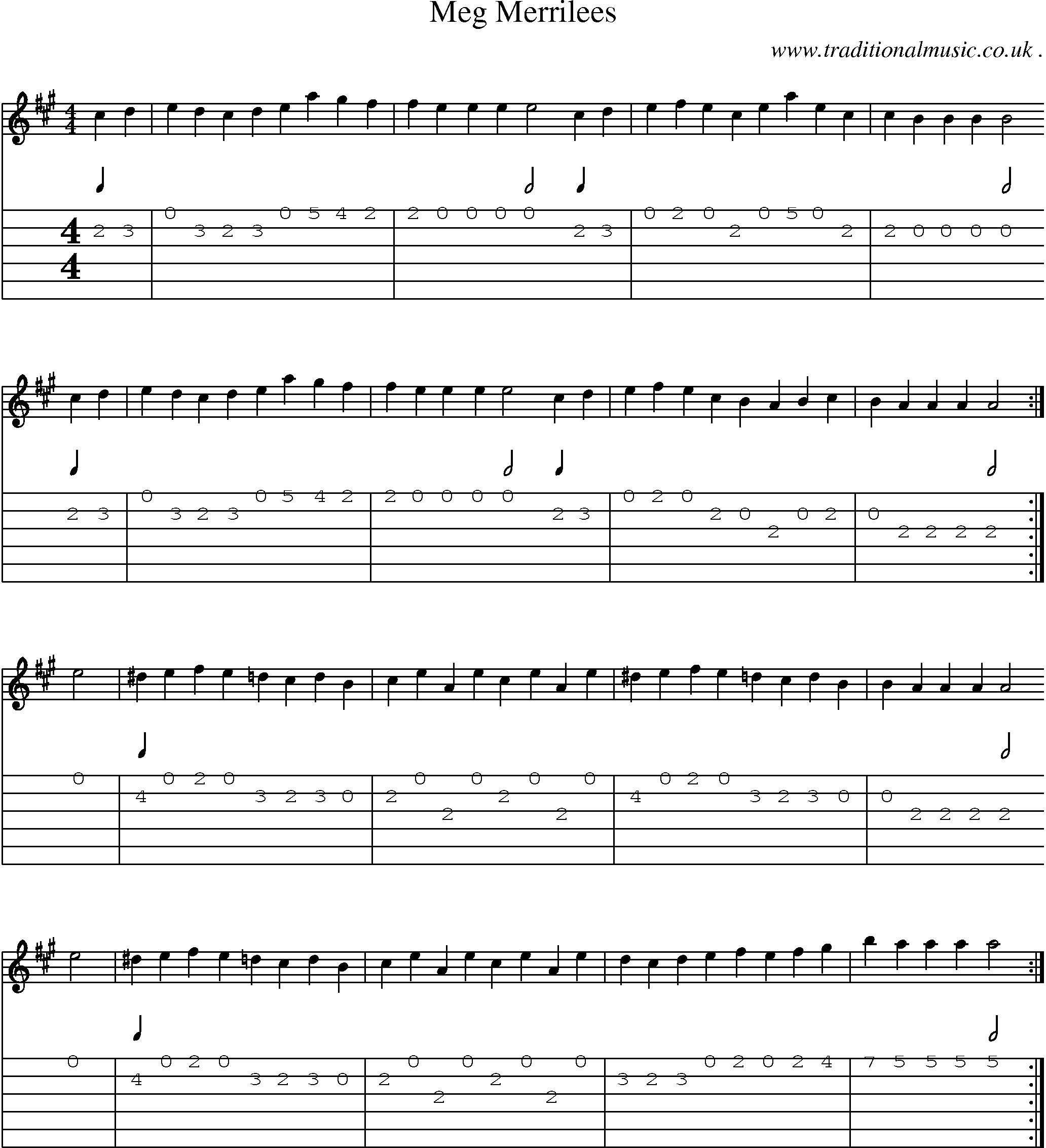 Sheet-music  score, Chords and Guitar Tabs for Meg Merrilees