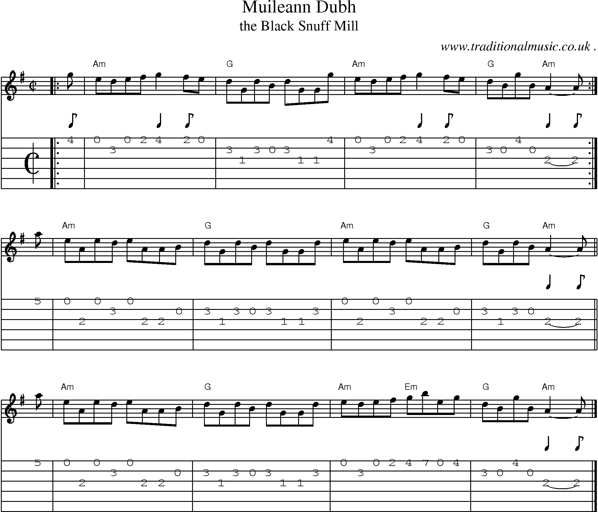 Sheet-music  score, Chords and Guitar Tabs for Muileann Dubh