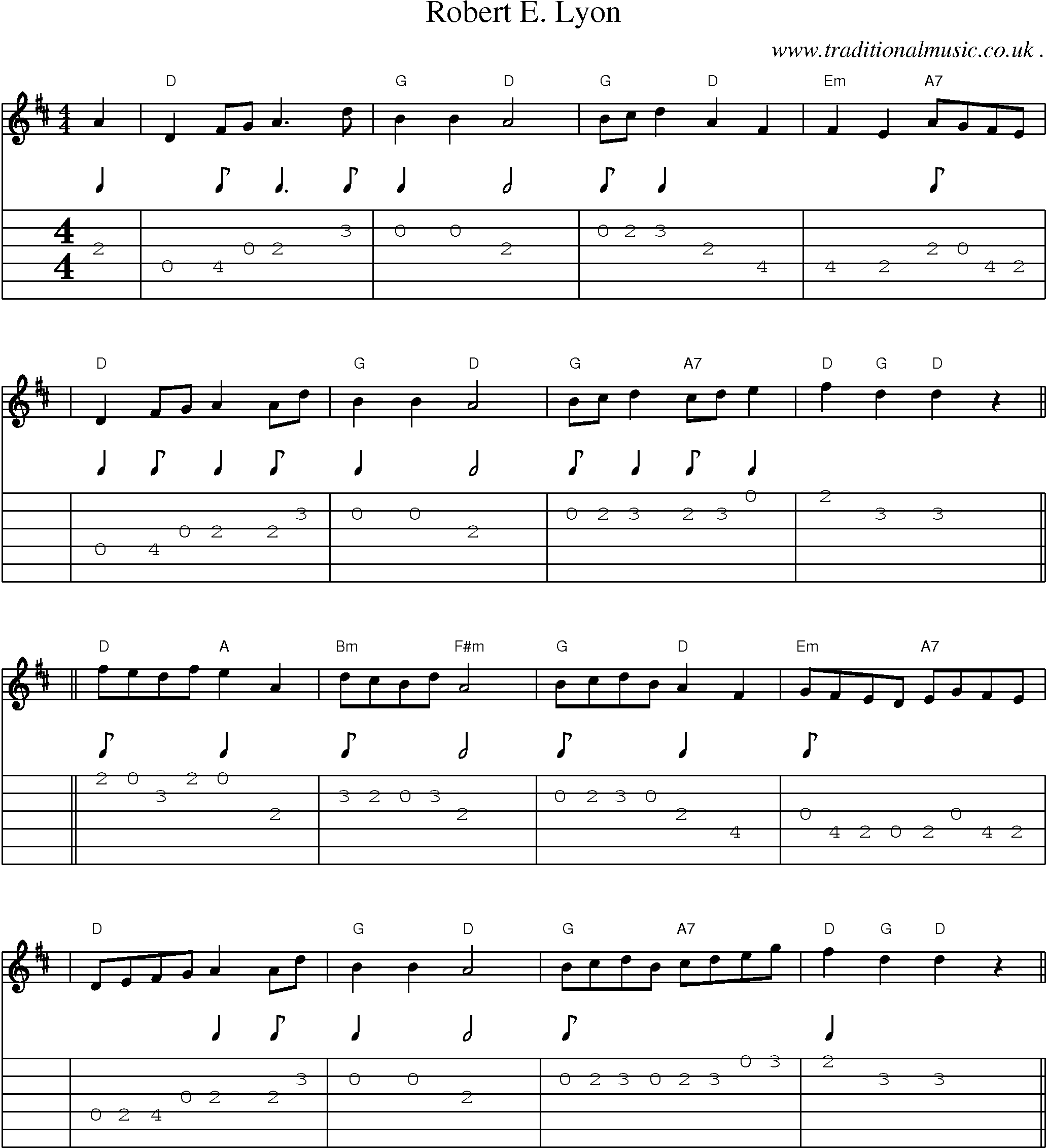 Sheet-music  score, Chords and Guitar Tabs for Robert E Lyon