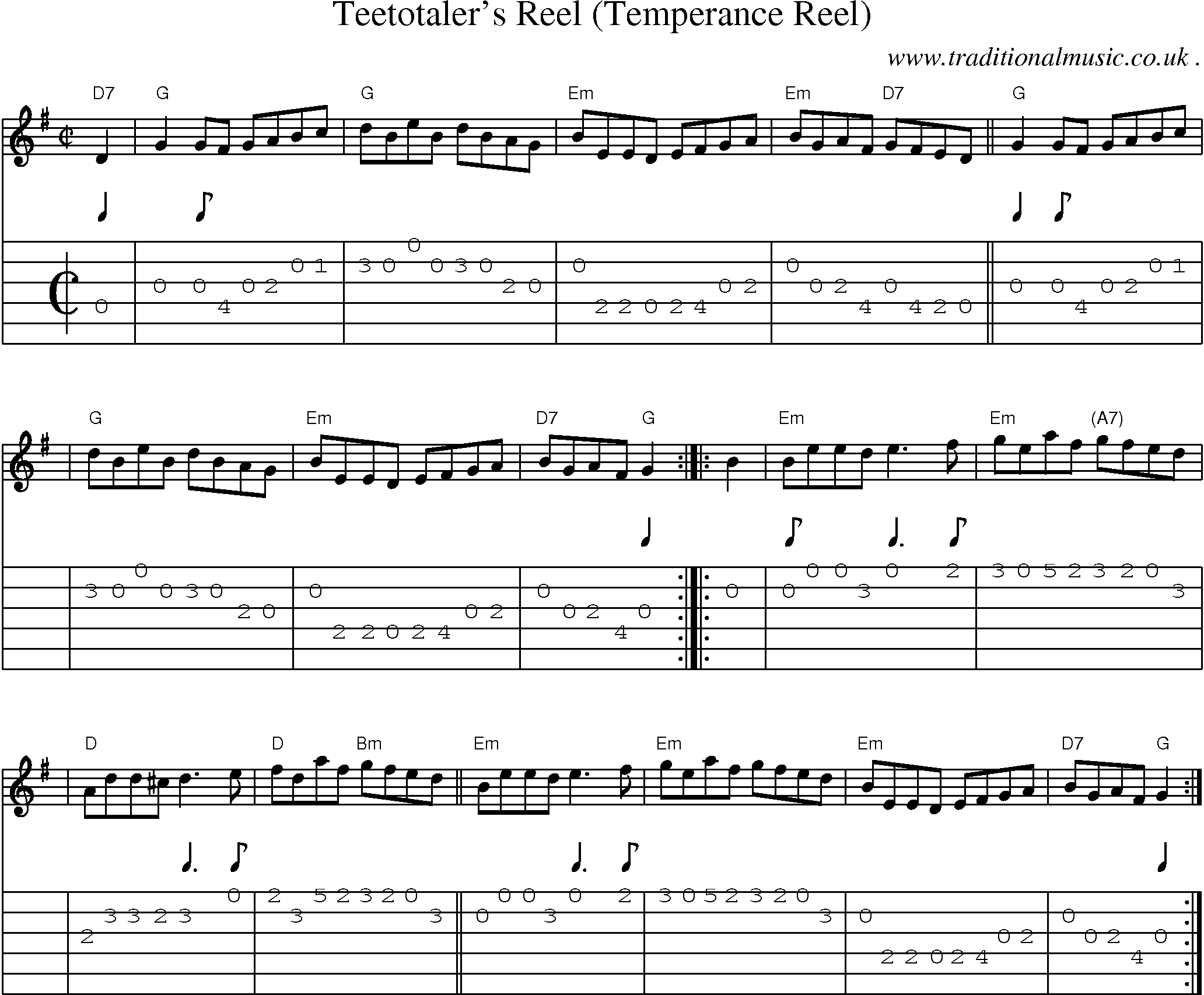 Sheet-music  score, Chords and Guitar Tabs for Teetotalers Reel Temperance Reel