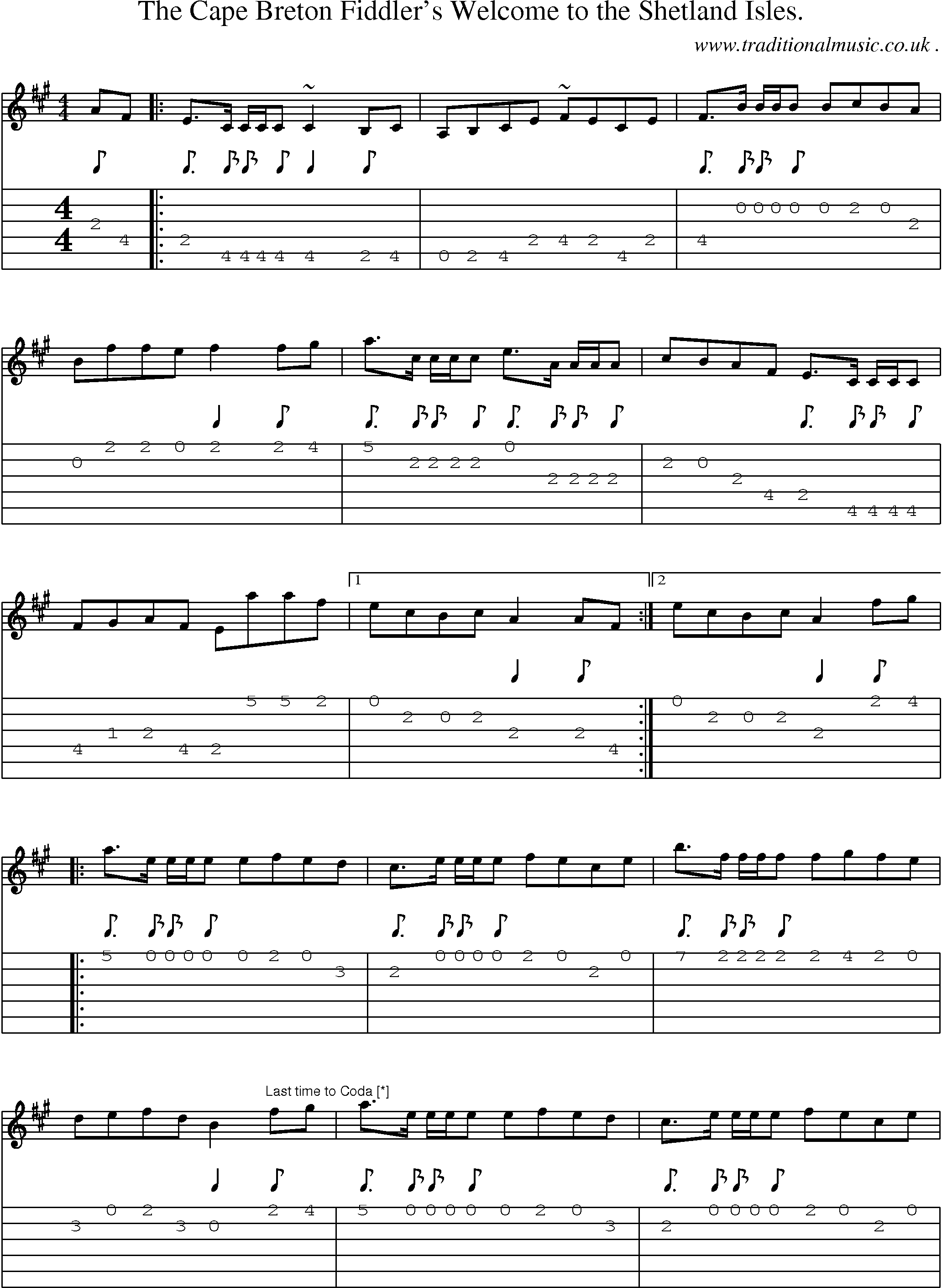 Sheet-music  score, Chords and Guitar Tabs for The Cape Breton Fiddlers Welcome To The Shetland Isles