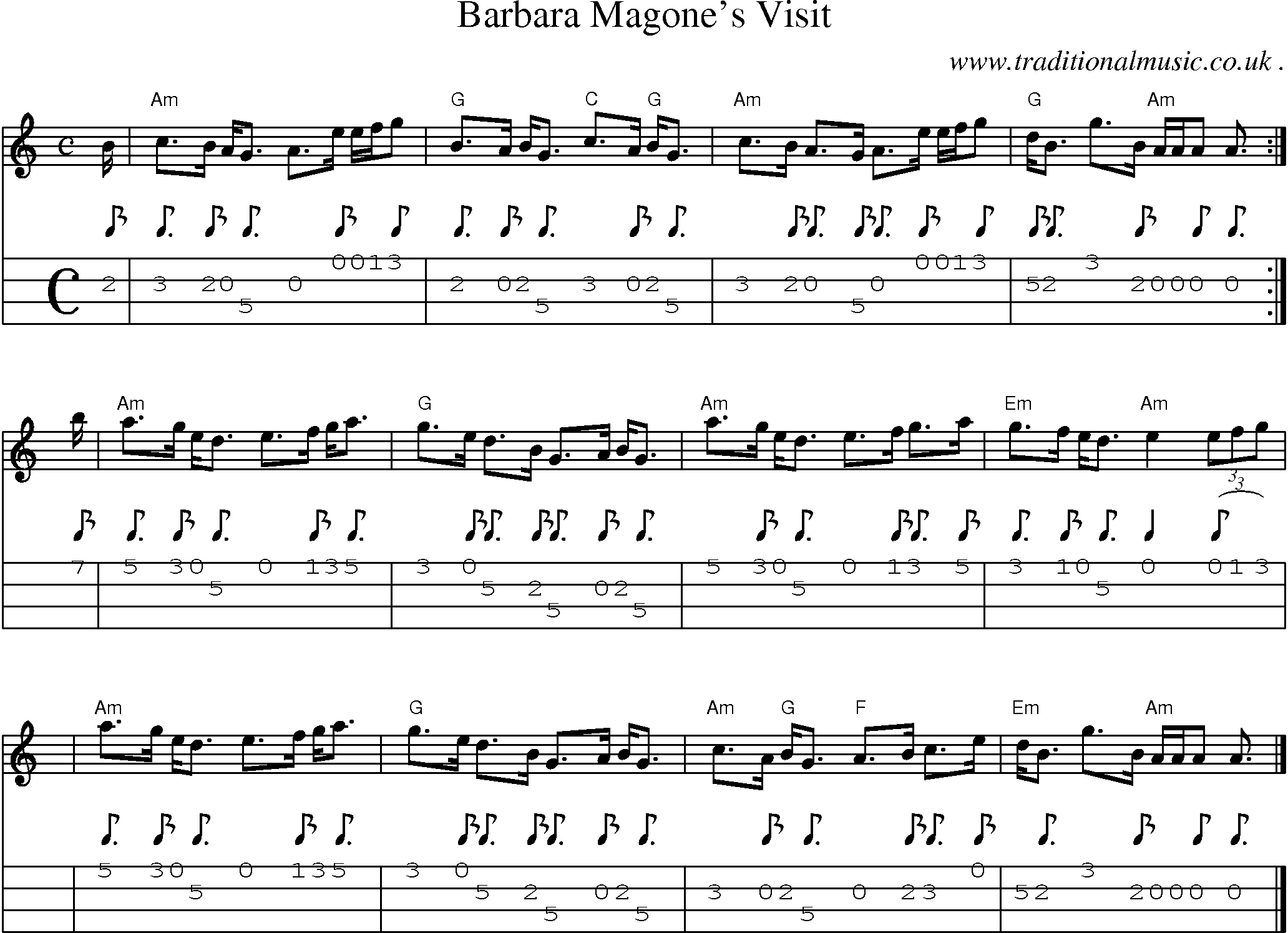 Sheet-music  score, Chords and Mandolin Tabs for Barbara Magones Visit