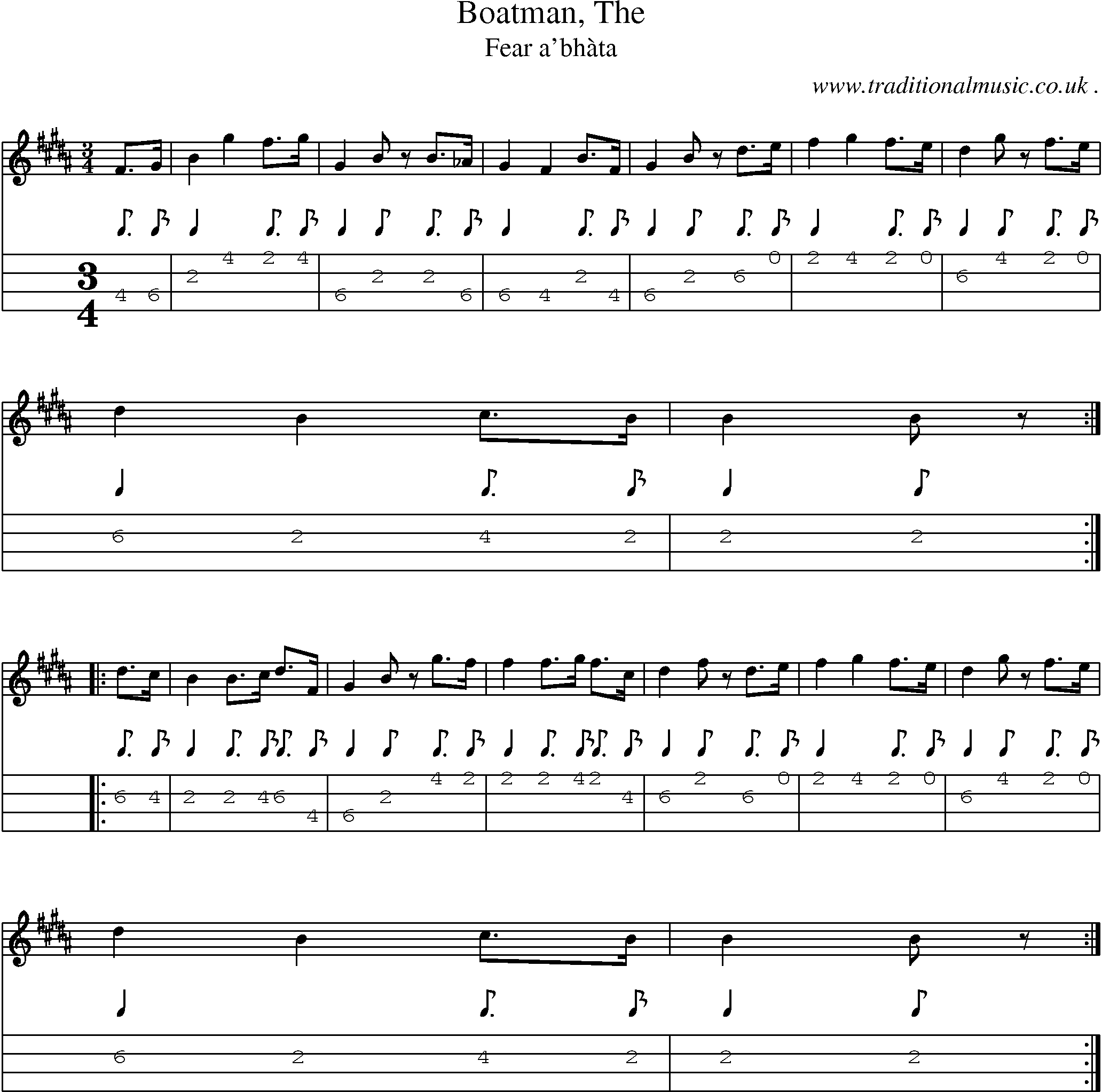 Sheet-music  score, Chords and Mandolin Tabs for Boatman The