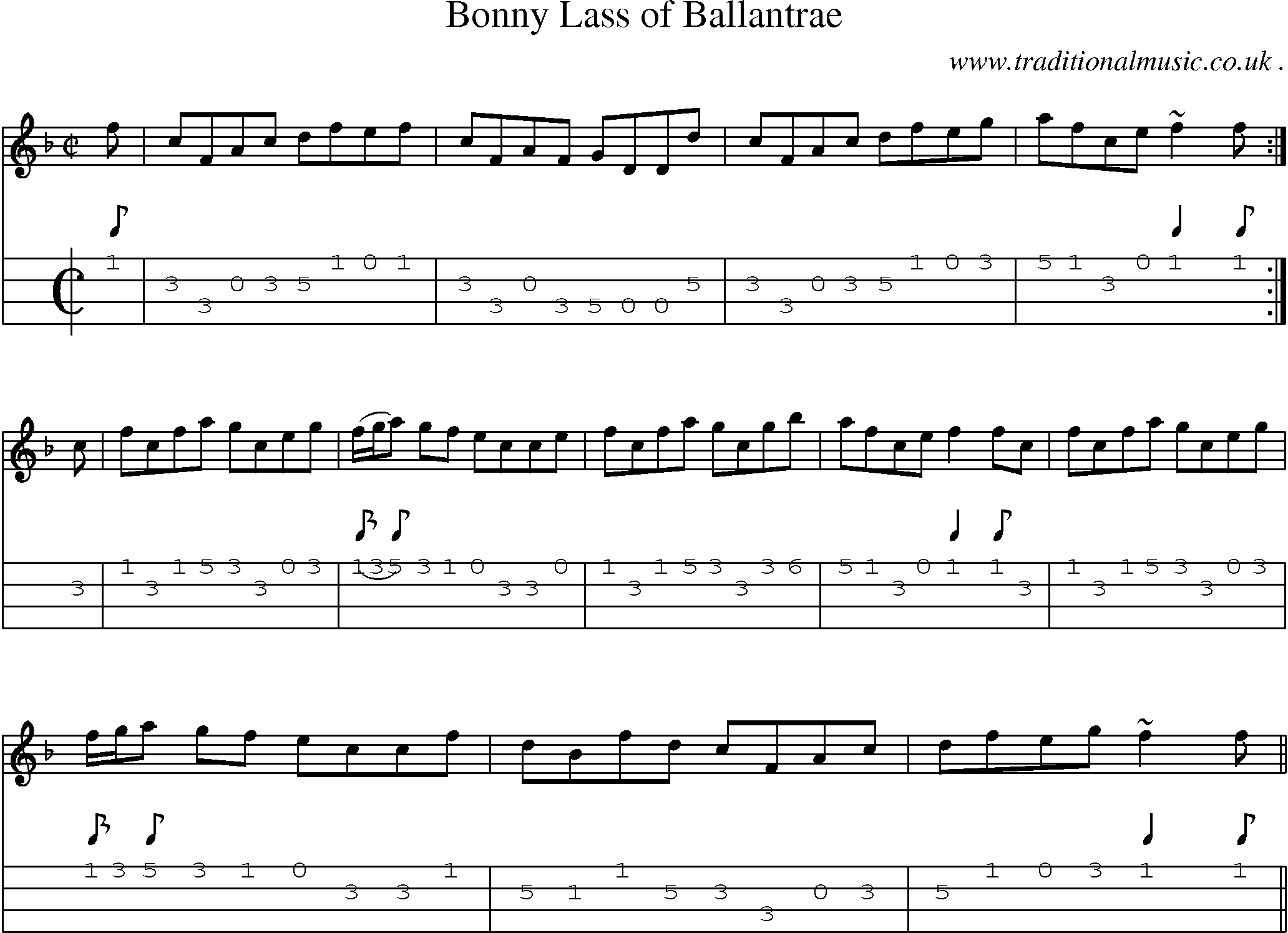 Sheet-music  score, Chords and Mandolin Tabs for Bonny Lass Of Ballantrae