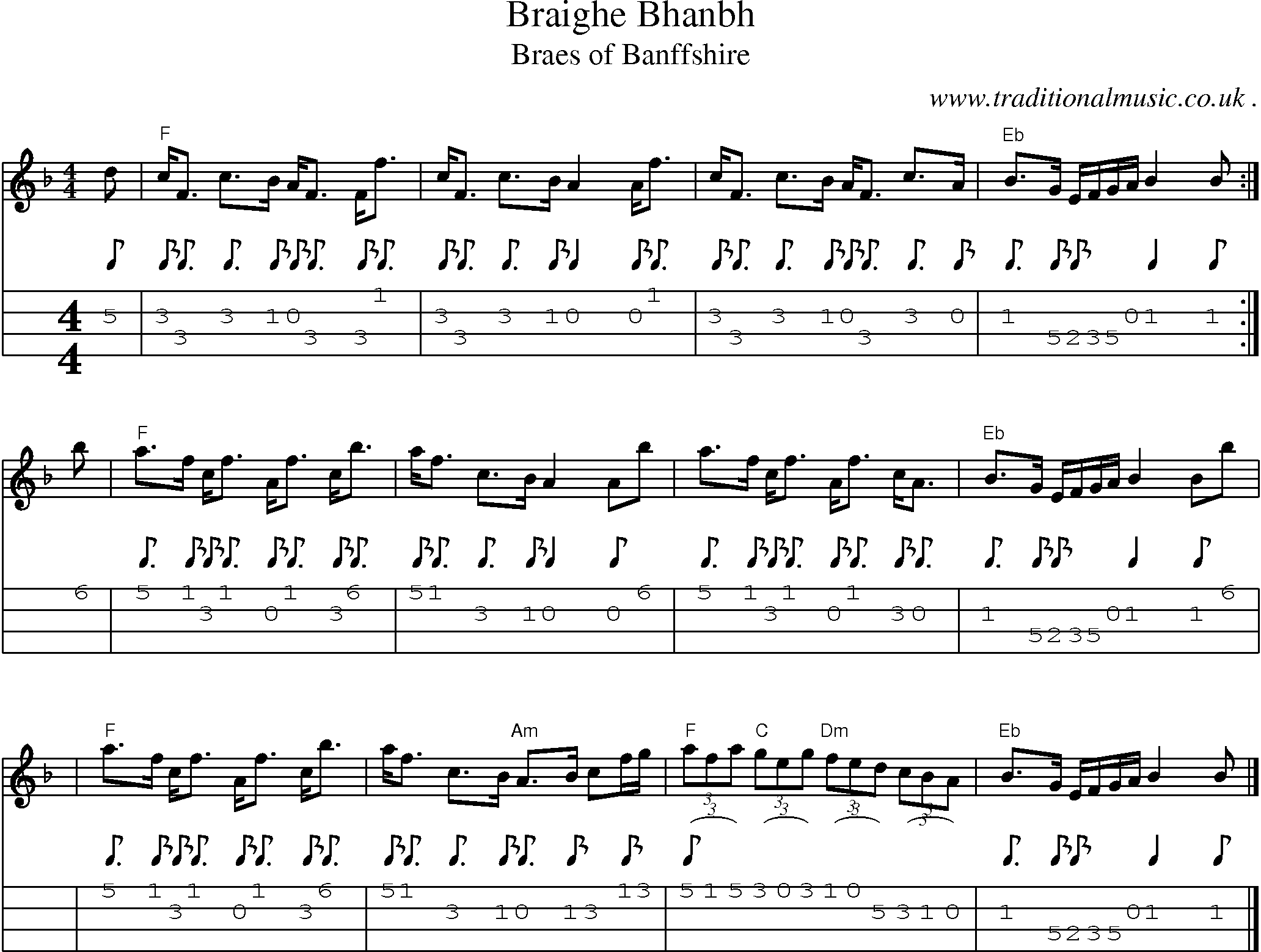 Sheet-music  score, Chords and Mandolin Tabs for Braighe Bhanbh