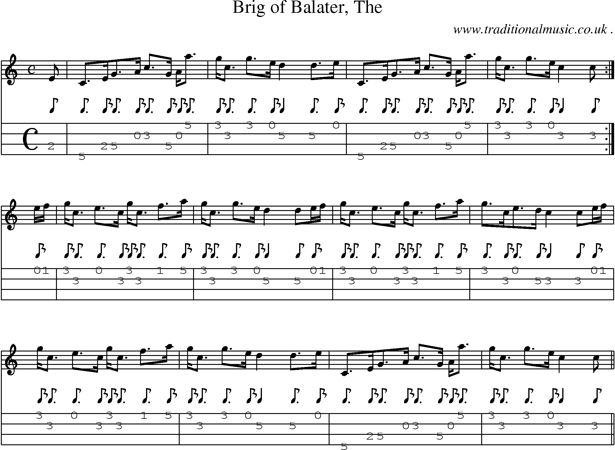 Sheet-music  score, Chords and Mandolin Tabs for Brig Of Balater The
