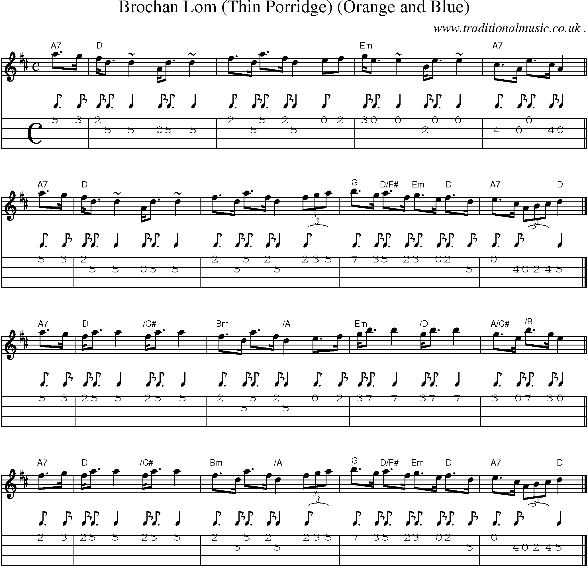 Sheet-music  score, Chords and Mandolin Tabs for Brochan Lom Thin Porridge Orange And Blue