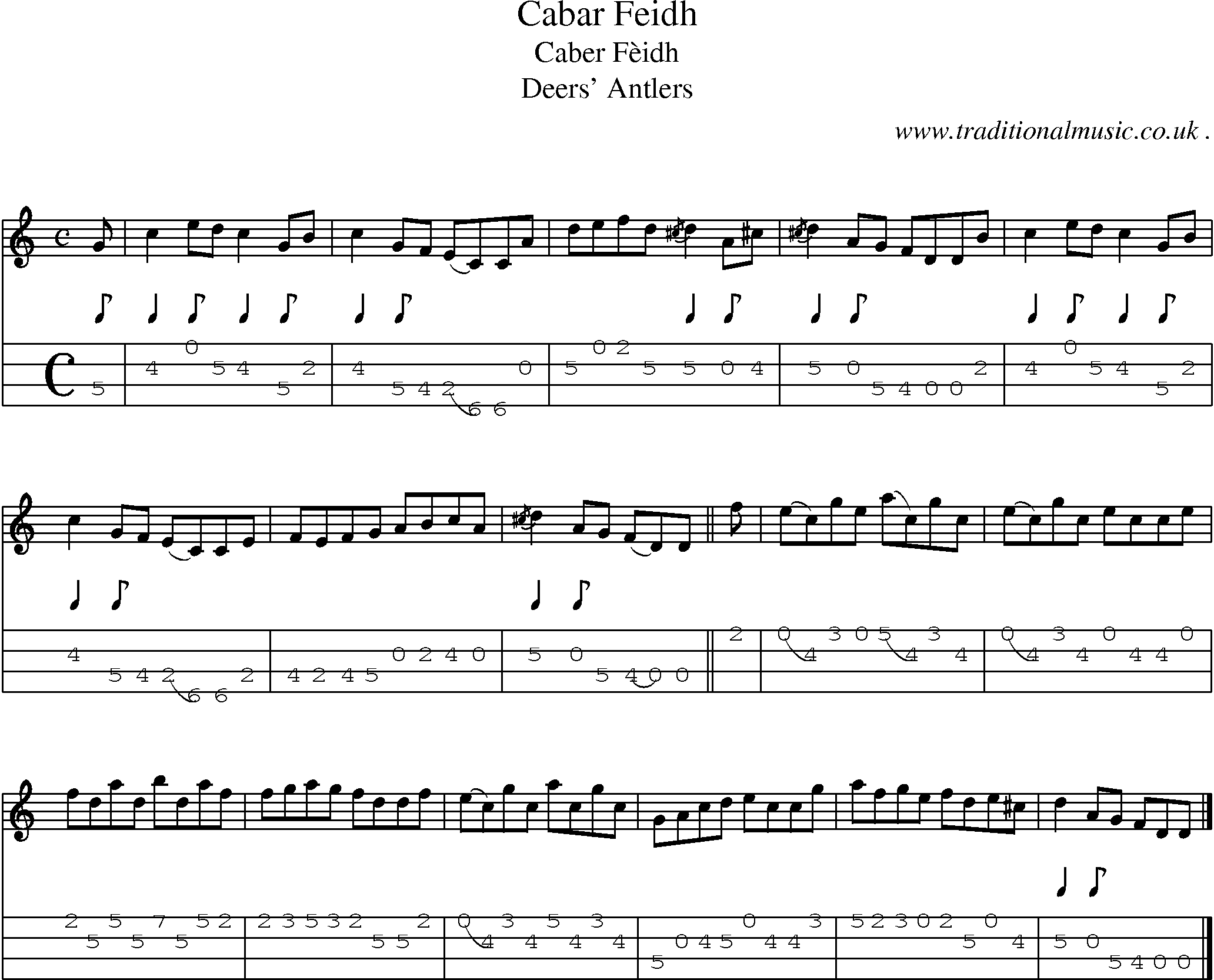 Sheet-music  score, Chords and Mandolin Tabs for Cabar Feidh