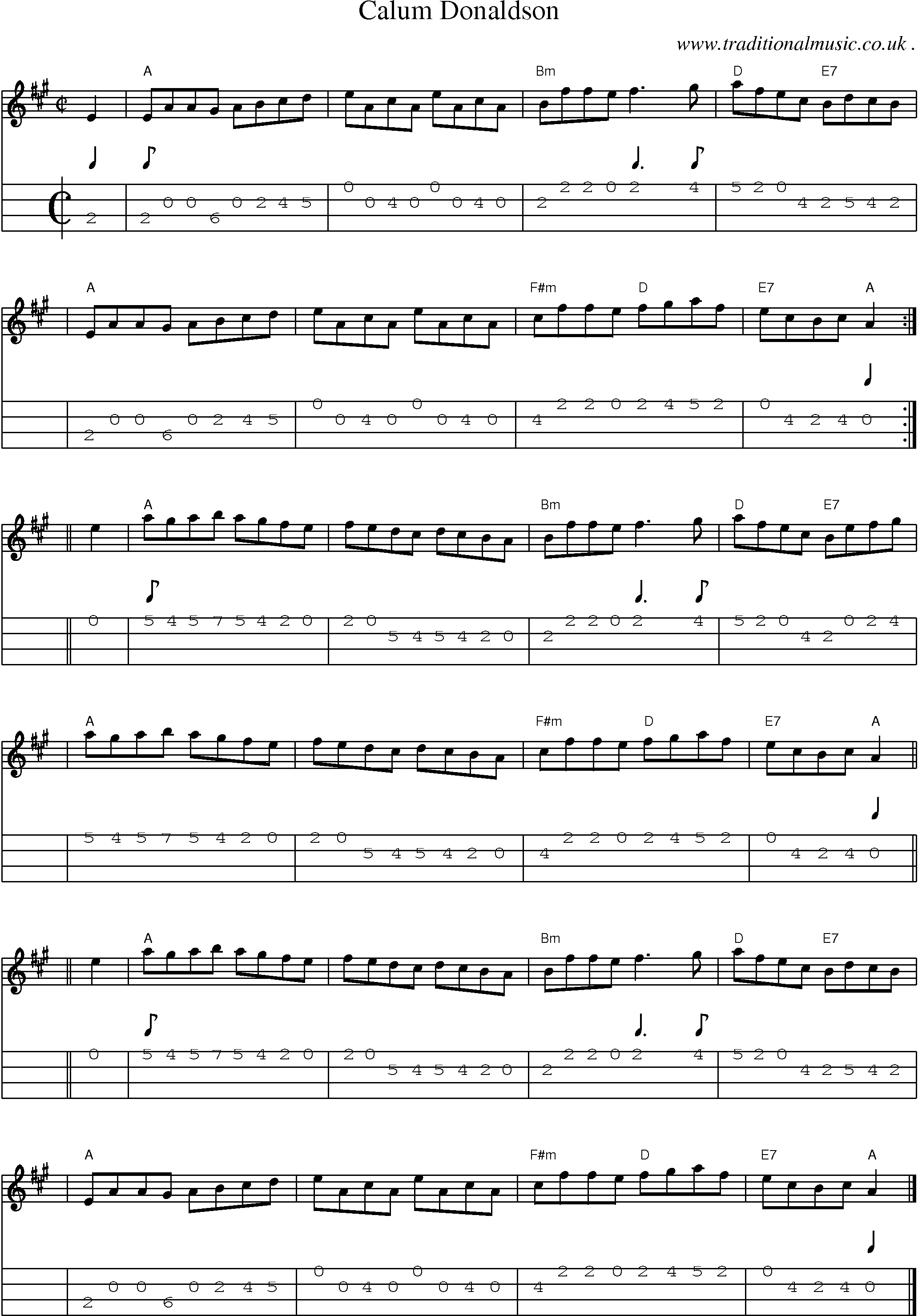 Sheet-music  score, Chords and Mandolin Tabs for Calum Donaldson