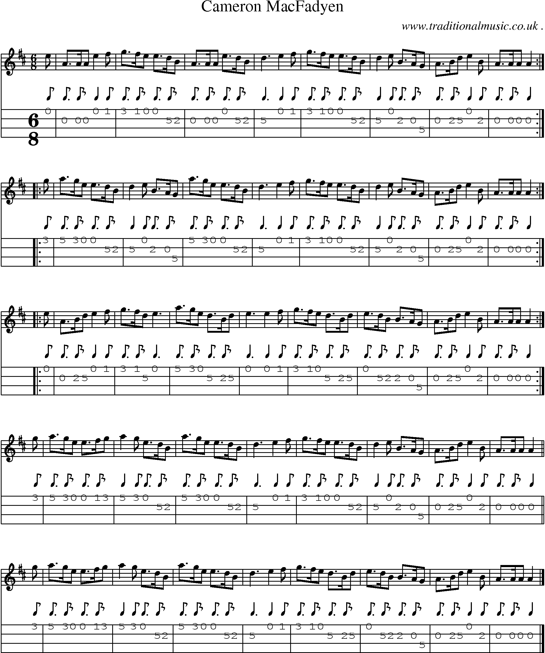 Sheet-music  score, Chords and Mandolin Tabs for Cameron Macfadyen