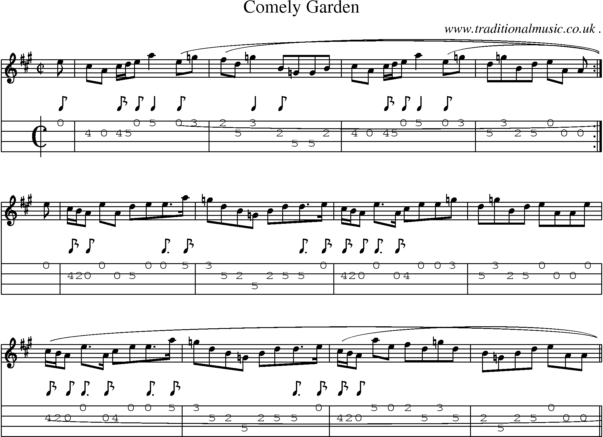 Sheet-music  score, Chords and Mandolin Tabs for Comely Garden