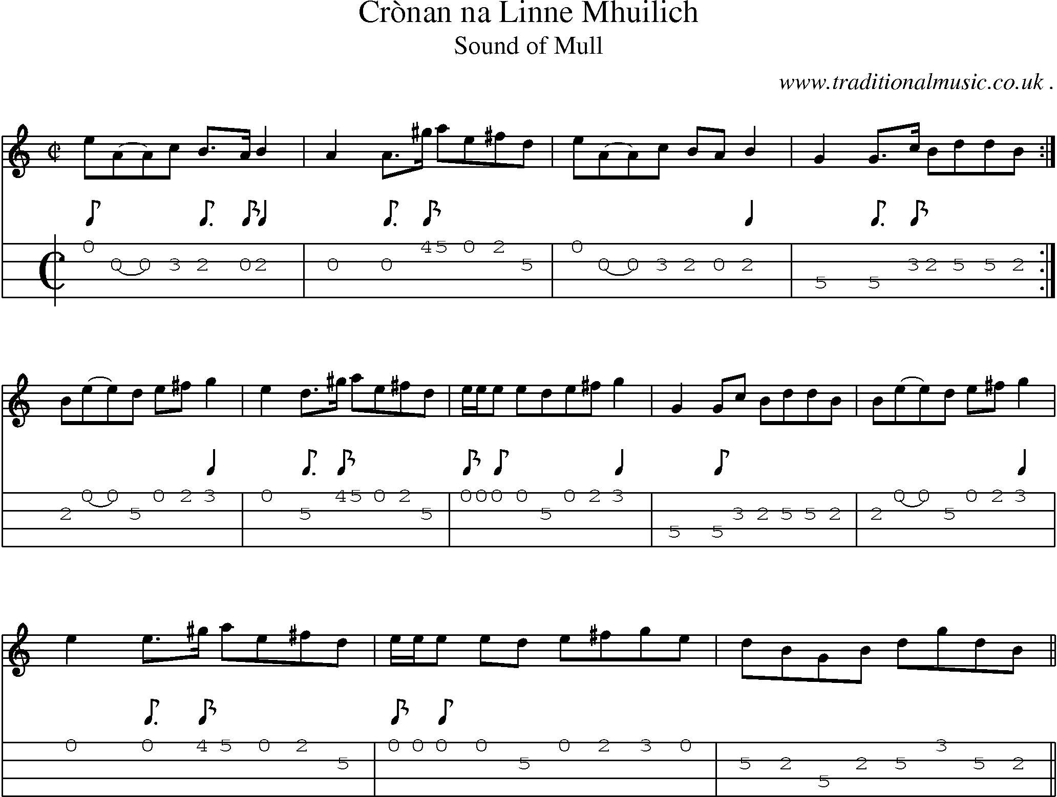 Sheet-music  score, Chords and Mandolin Tabs for Cronan Na Linne Mhuilich