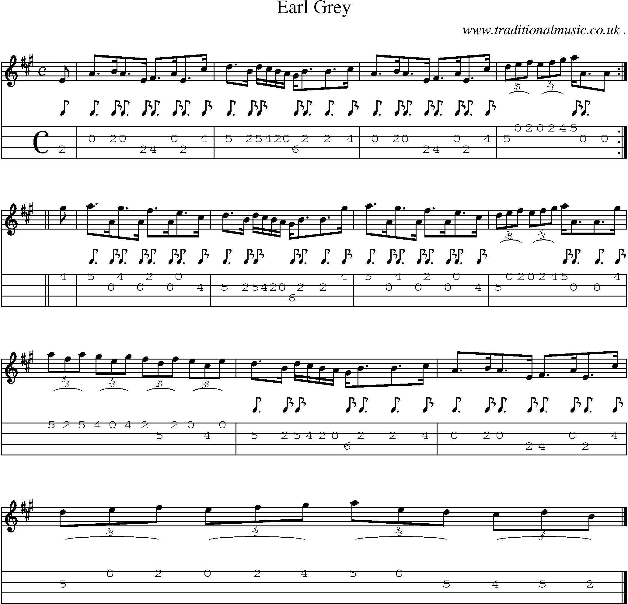 Sheet-music  score, Chords and Mandolin Tabs for Earl Grey