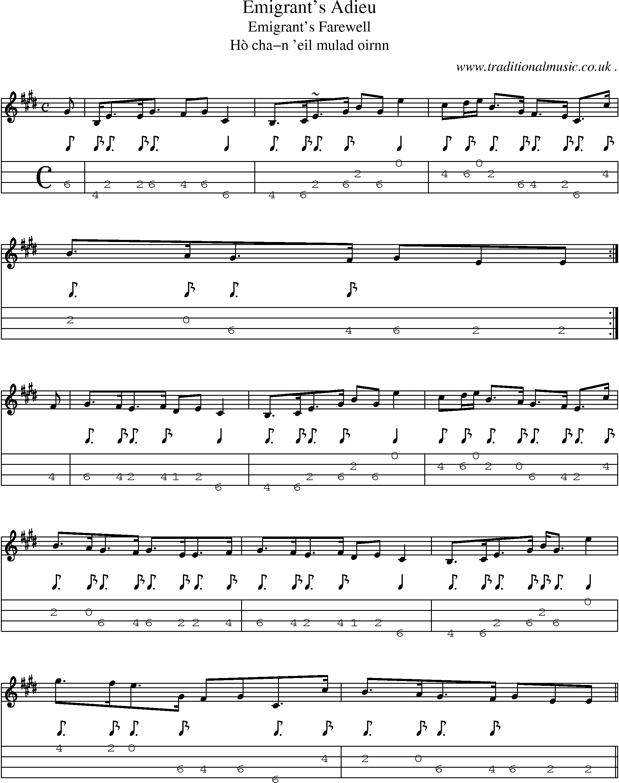 Sheet-music  score, Chords and Mandolin Tabs for Emigrants Adieu