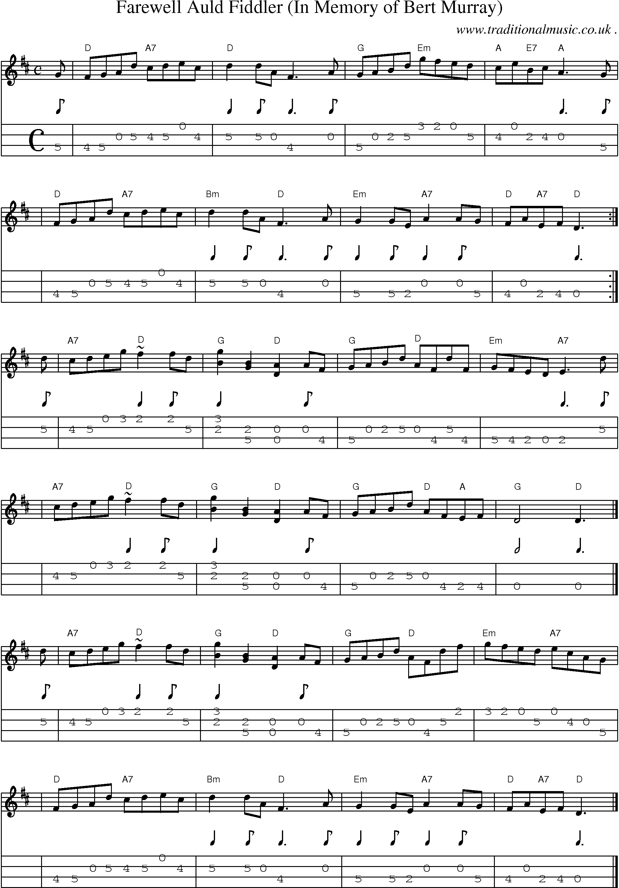Sheet-music  score, Chords and Mandolin Tabs for Farewell Auld Fiddler In Memory Of Bert Murray