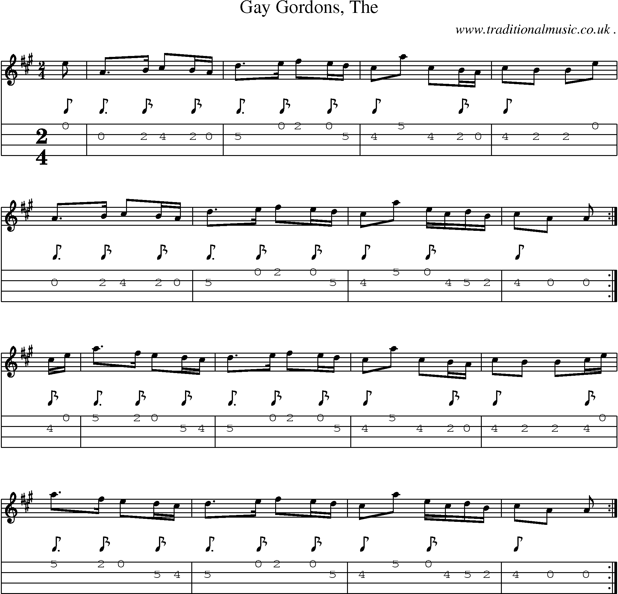 Sheet-music  score, Chords and Mandolin Tabs for Gay Gordons The