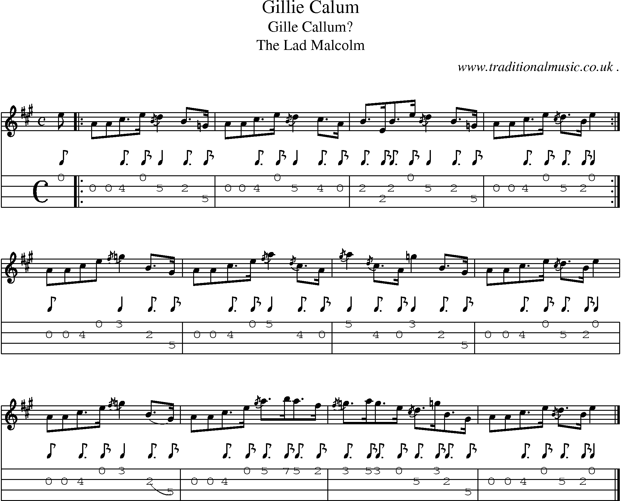 Sheet-music  score, Chords and Mandolin Tabs for Gillie Calum