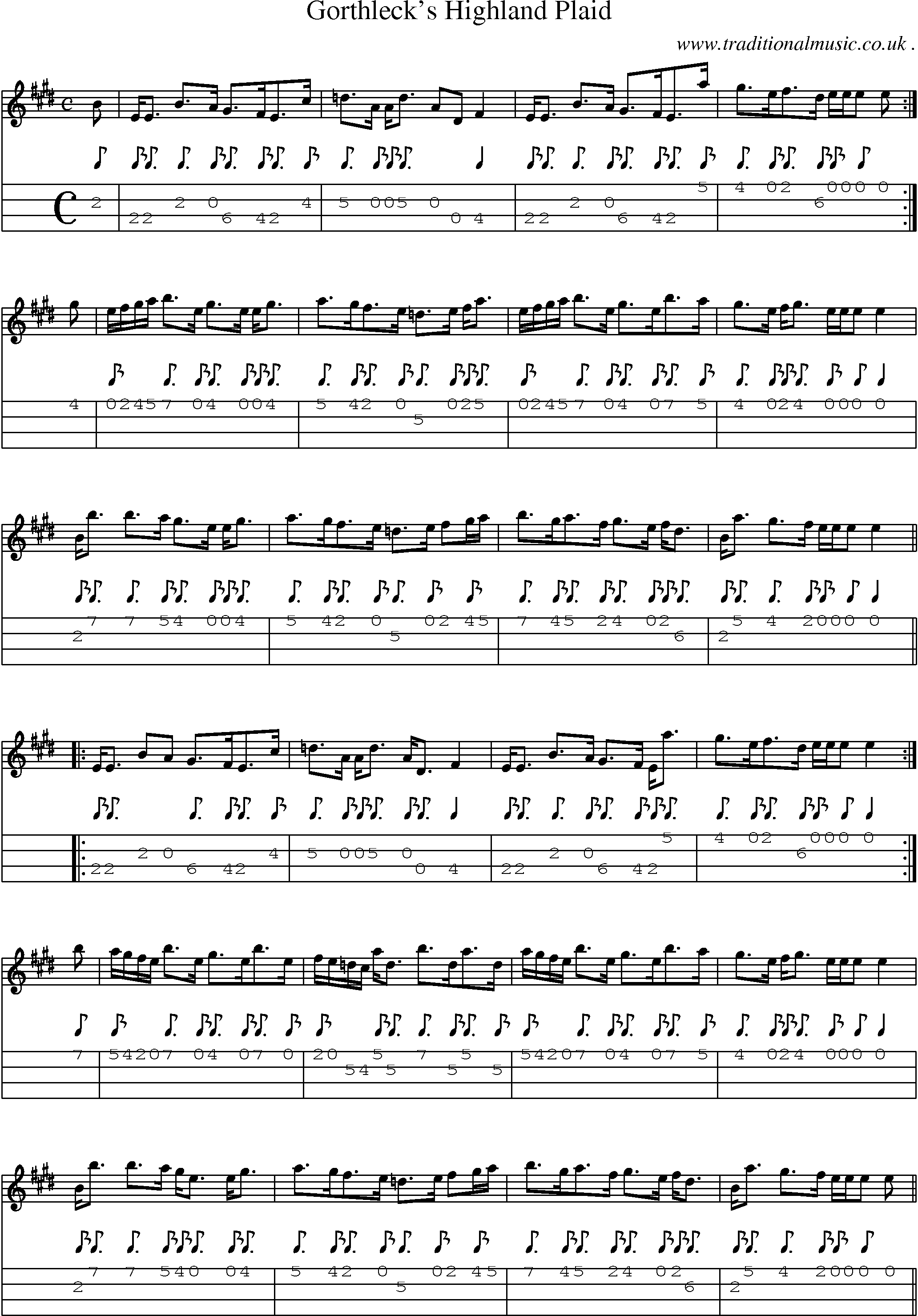 Sheet-music  score, Chords and Mandolin Tabs for Gorthlecks Highland Plaid