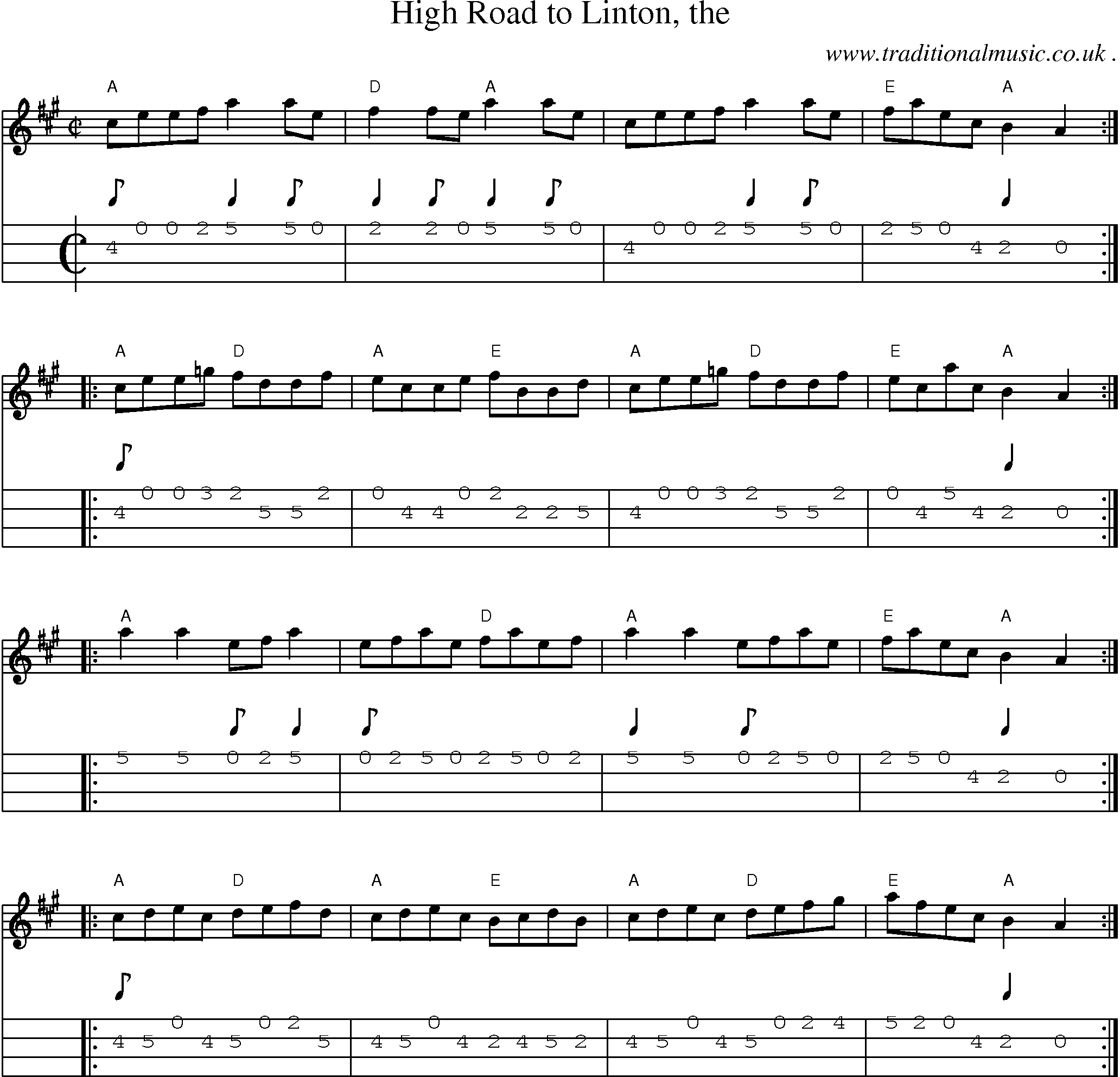 Sheet-music  score, Chords and Mandolin Tabs for High Road To Linton The