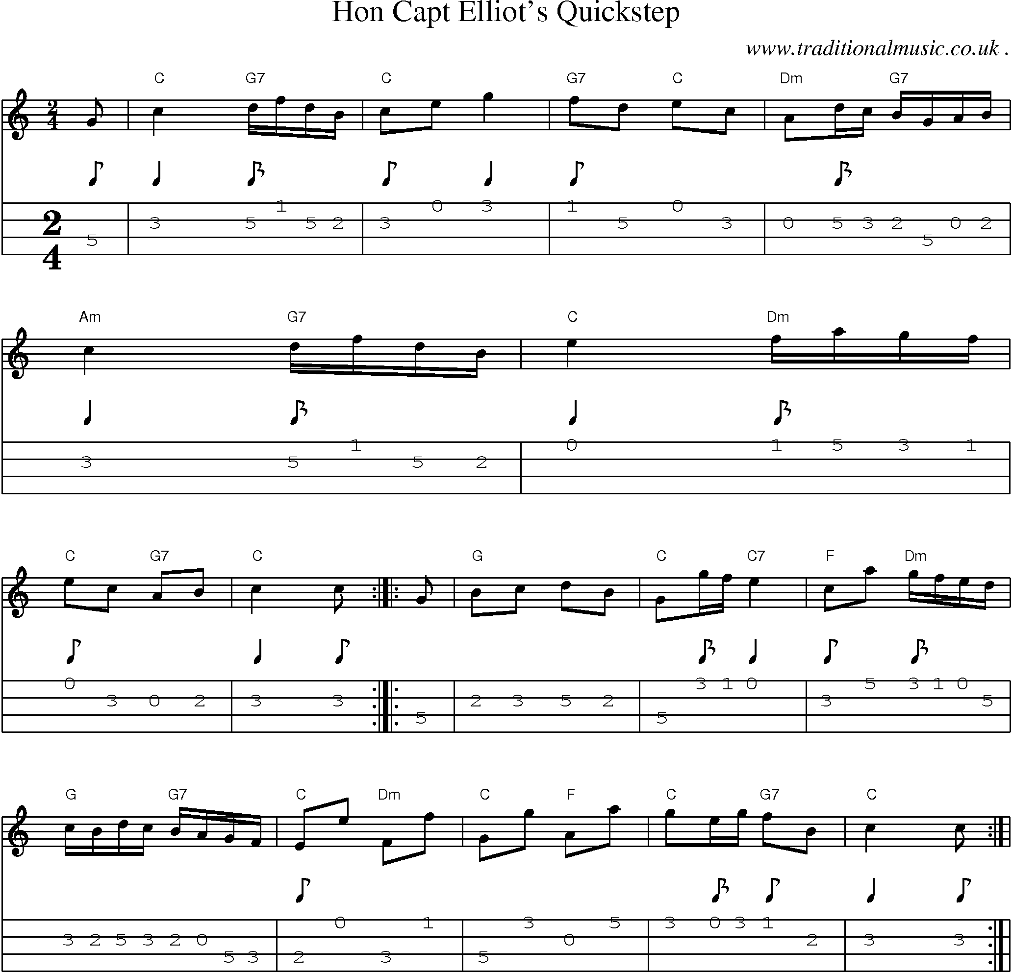 Sheet-music  score, Chords and Mandolin Tabs for Hon Capt Elliots Quickstep