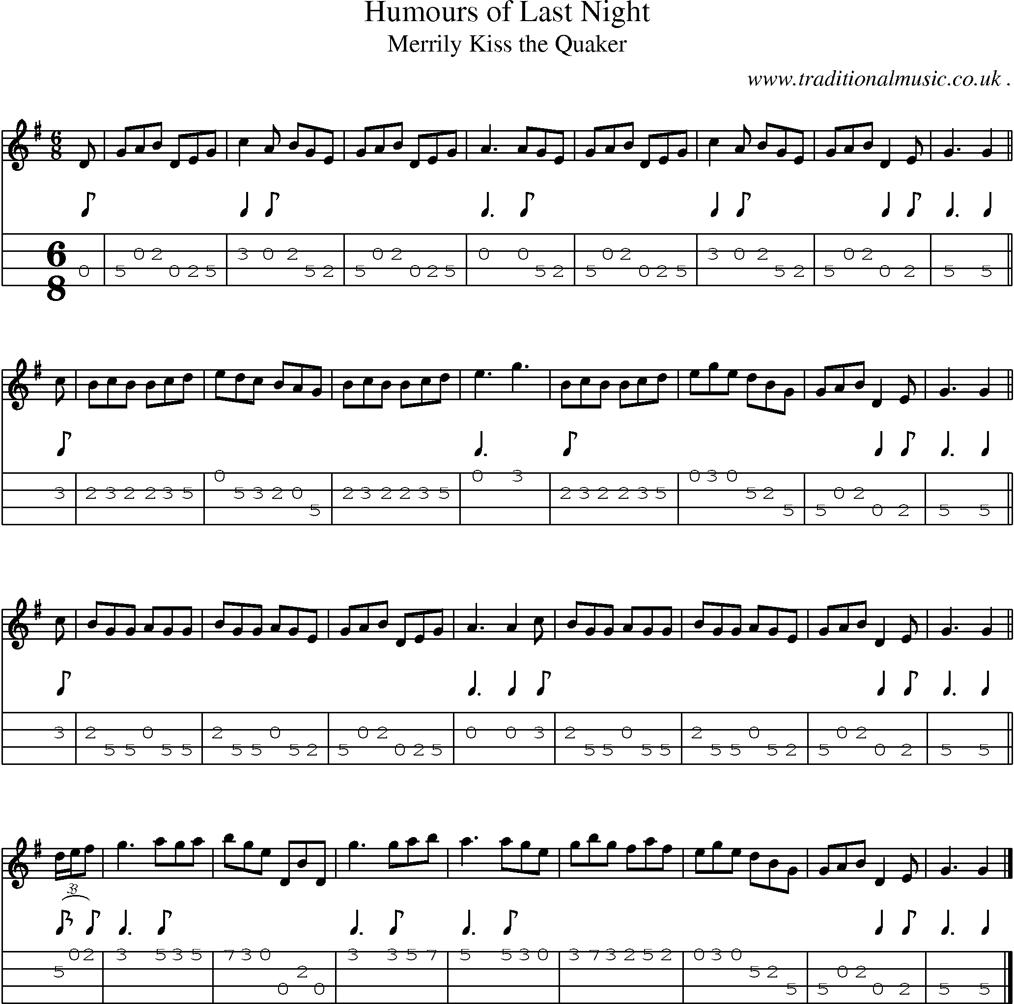 Sheet-music  score, Chords and Mandolin Tabs for Humours Of Last Night