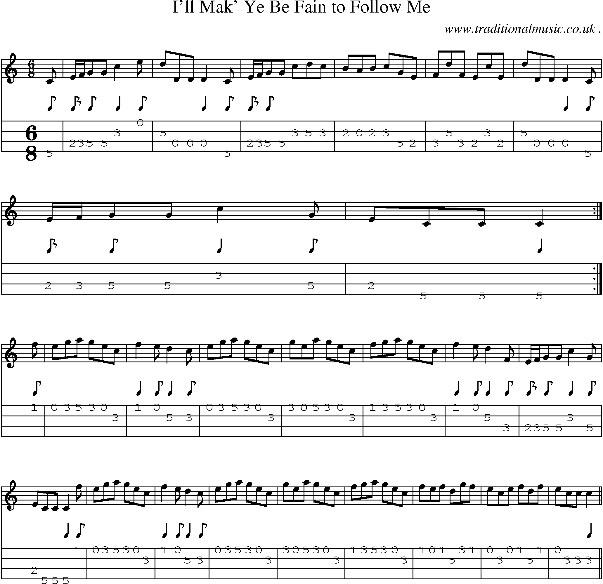 Sheet-music  score, Chords and Mandolin Tabs for Ill Mak Ye Be Fain To Follow Me