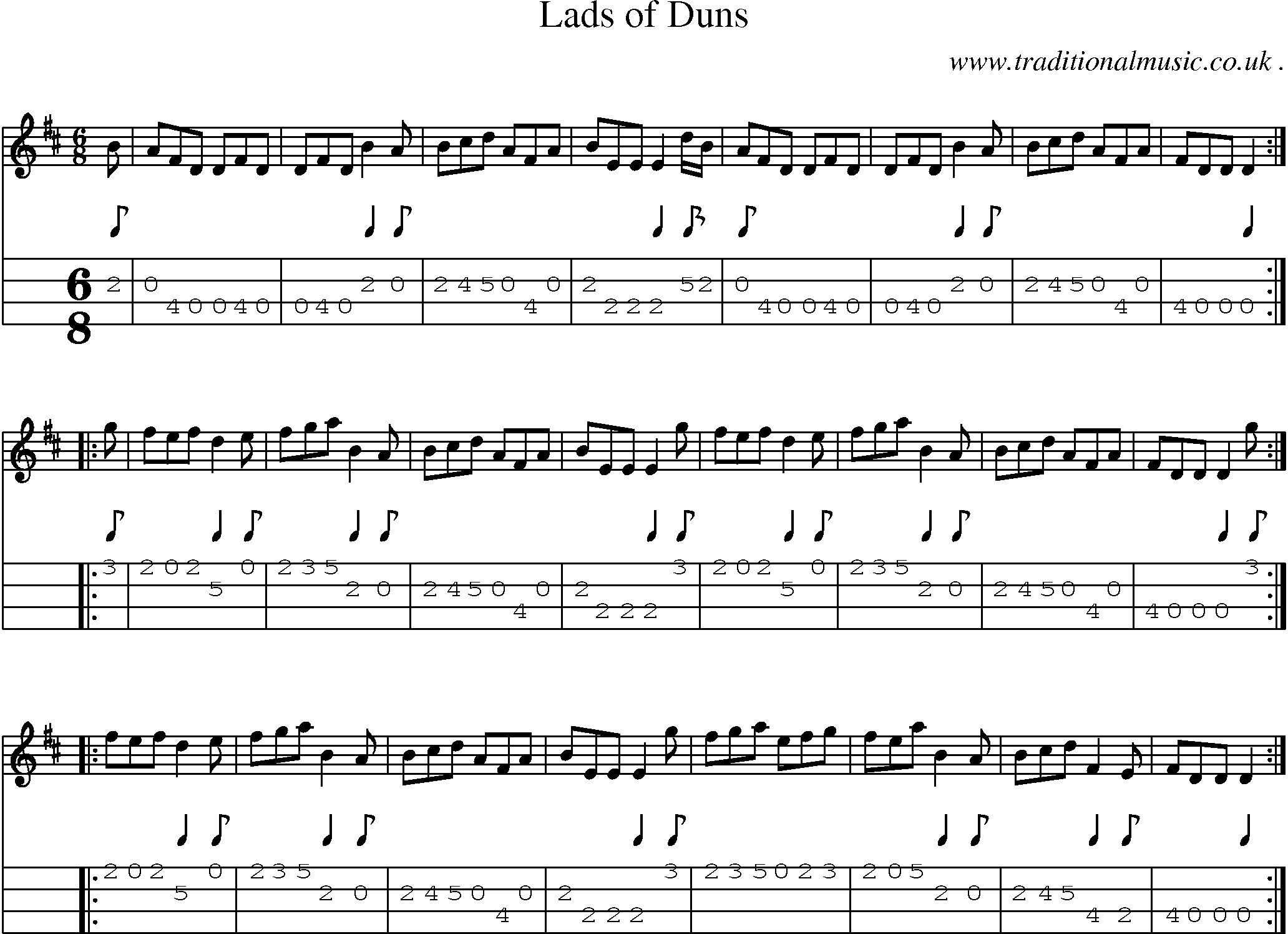 Sheet-music  score, Chords and Mandolin Tabs for Lads Of Duns